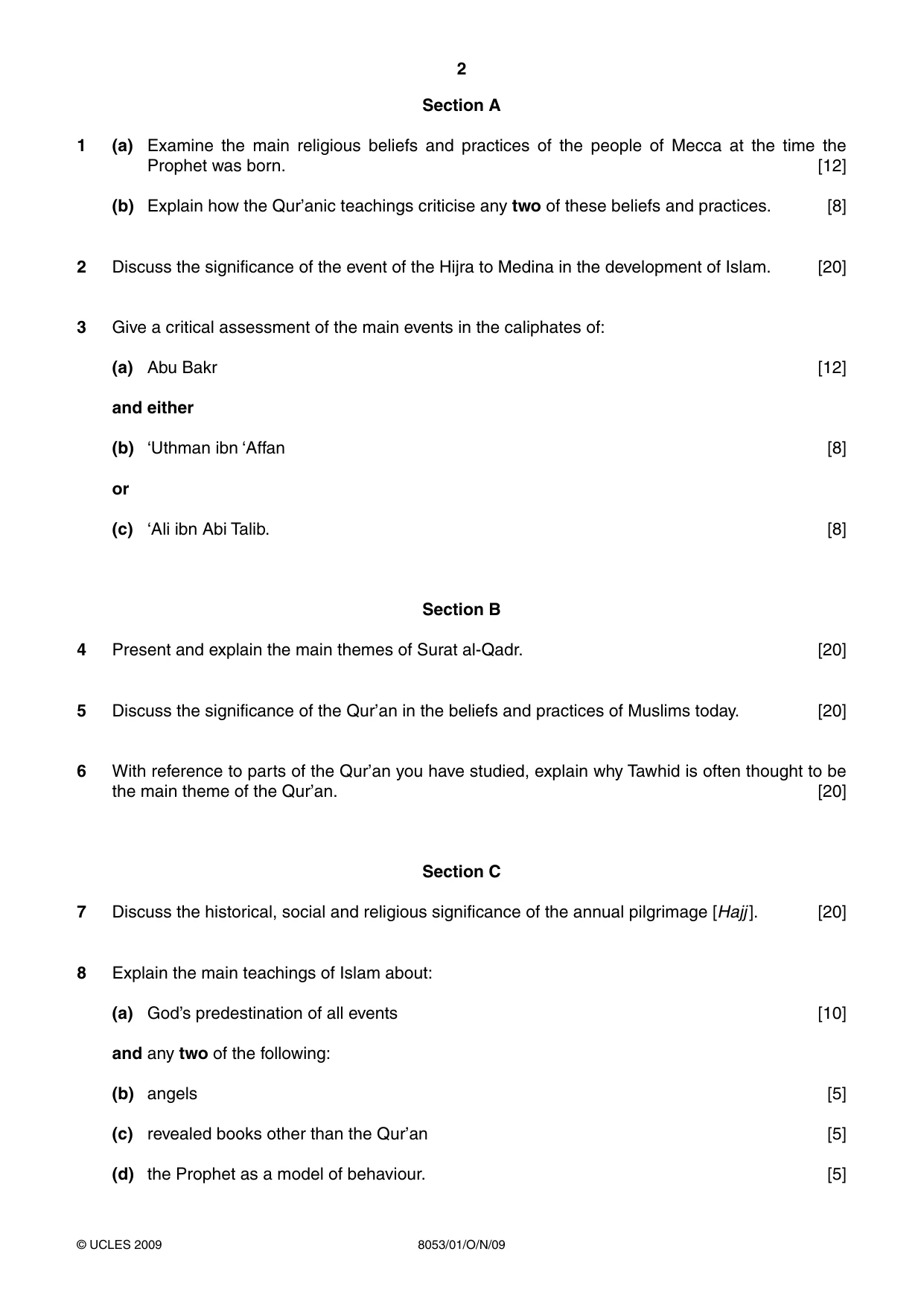 Cambridge A Level Islamic Studies (AS Level only) 8053 2009 Oct/Nov Paper 1 · Variant 1 question paper, page 2 of 4