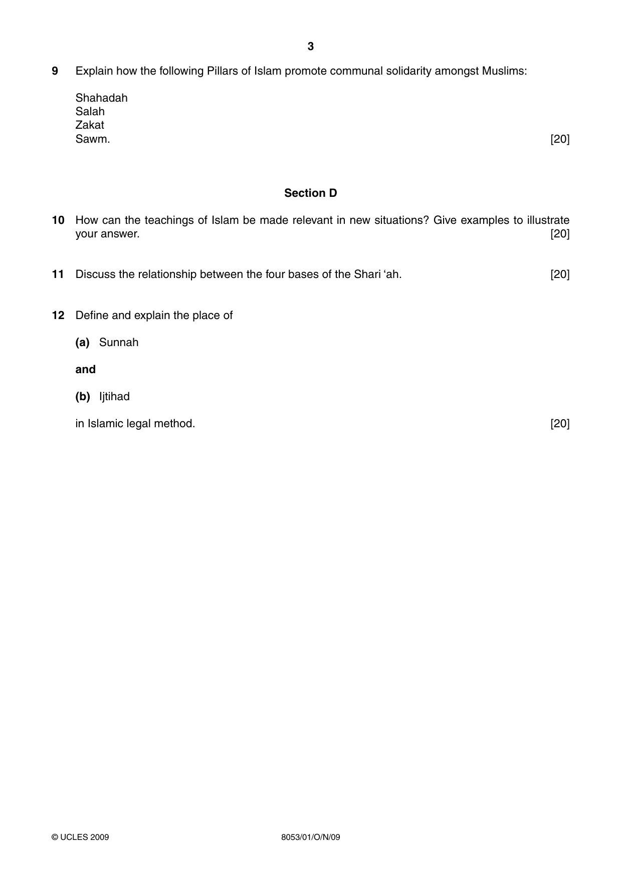 Cambridge A Level Islamic Studies (AS Level only) 8053 2009 Oct/Nov Paper 1 · Variant 1 question paper, page 3 of 4