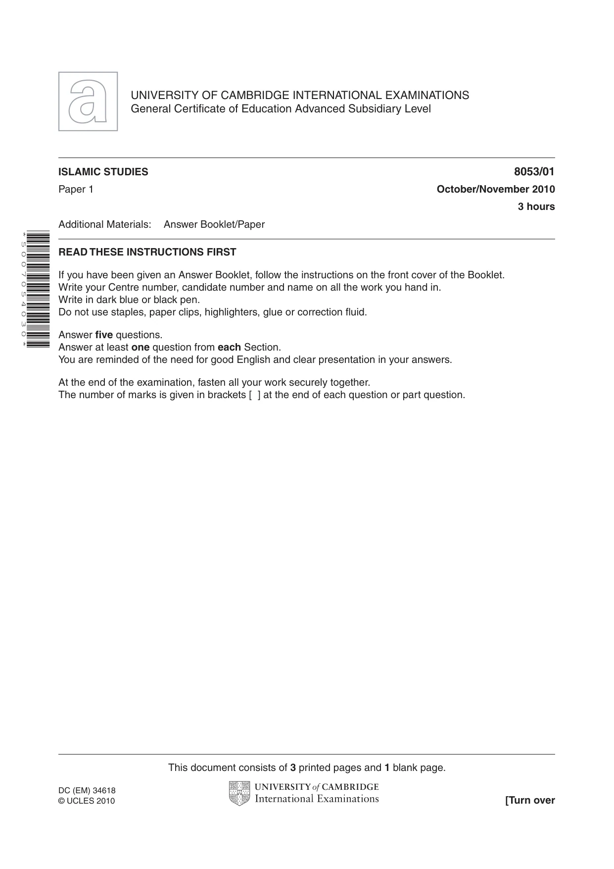 Cambridge A Level Islamic Studies (AS Level only) 8053 2010 Oct/Nov Paper 1 · Variant 1 question paper, page 1 of 4