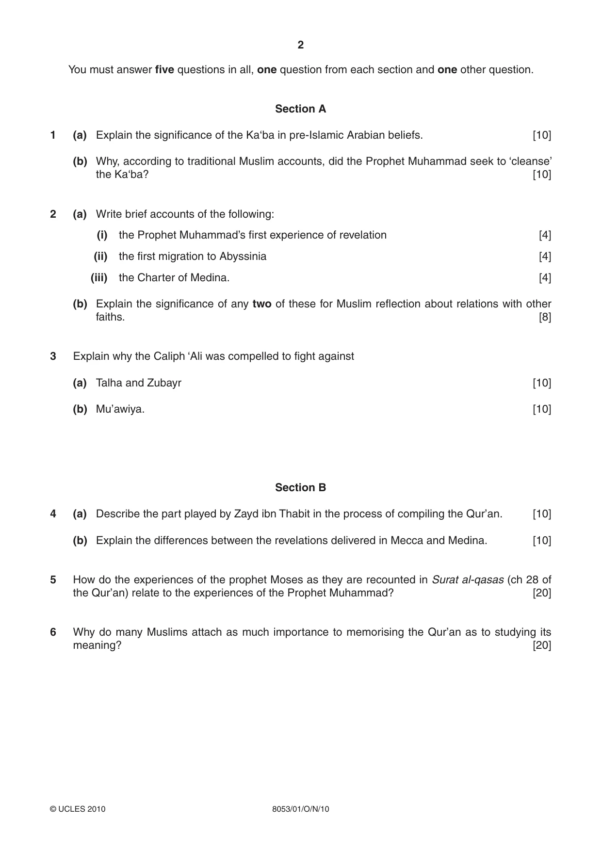 Cambridge A Level Islamic Studies (AS Level only) 8053 2010 Oct/Nov Paper 1 · Variant 1 question paper, page 2 of 4