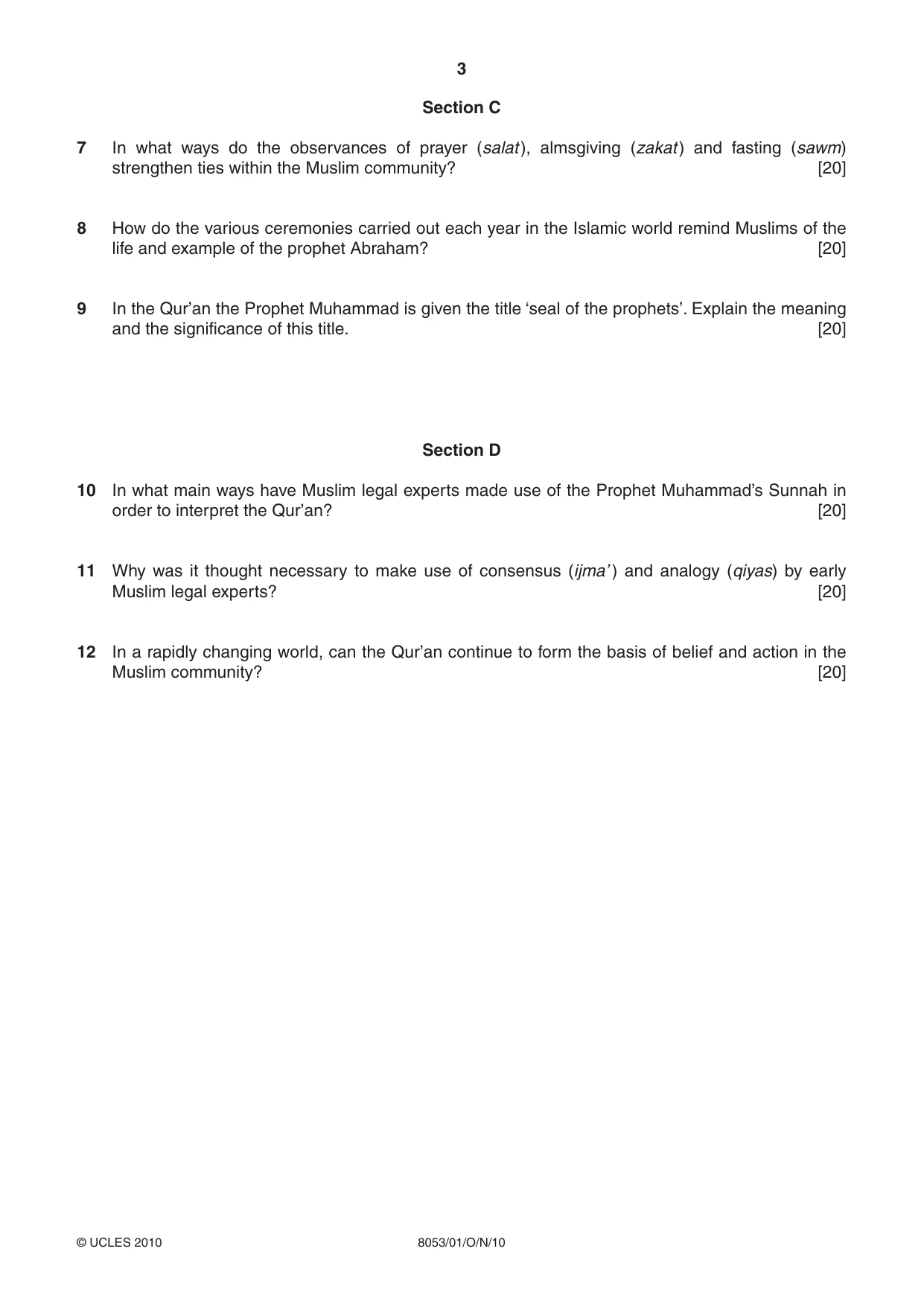 Cambridge A Level Islamic Studies (AS Level only) 8053 2010 Oct/Nov Paper 1 · Variant 1 question paper, page 3 of 4