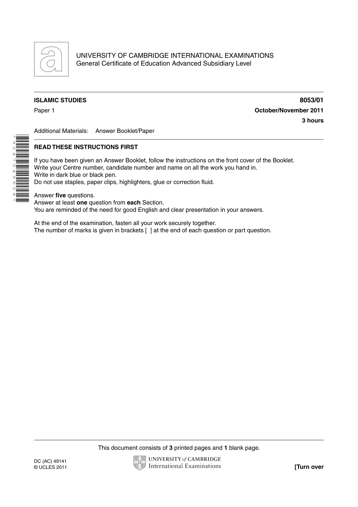 Cambridge A Level Islamic Studies (AS Level only) 8053 2011 Oct/Nov Paper 1 · Variant 1 question paper, page 1 of 4