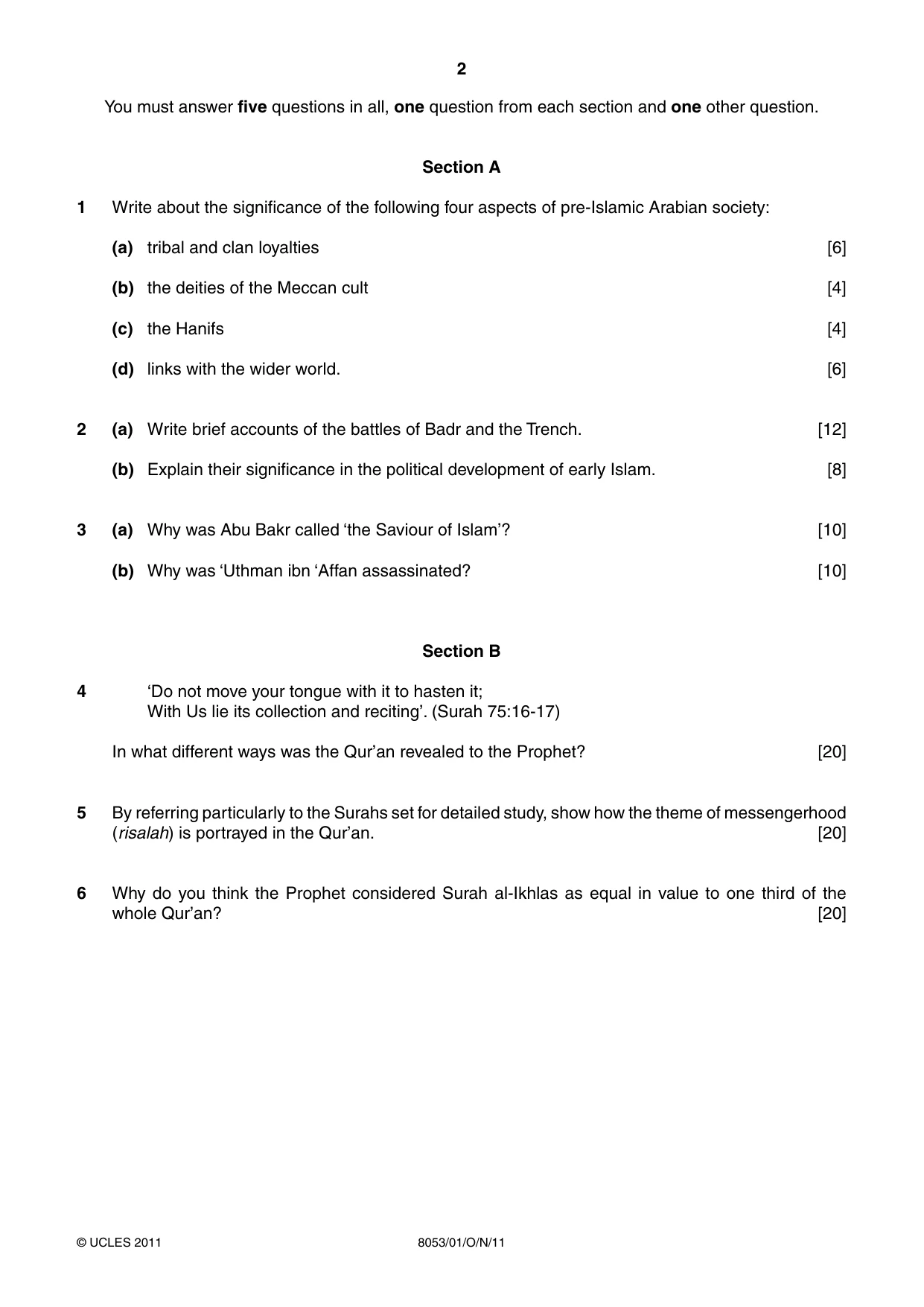 Cambridge A Level Islamic Studies (AS Level only) 8053 2011 Oct/Nov Paper 1 · Variant 1 question paper, page 2 of 4