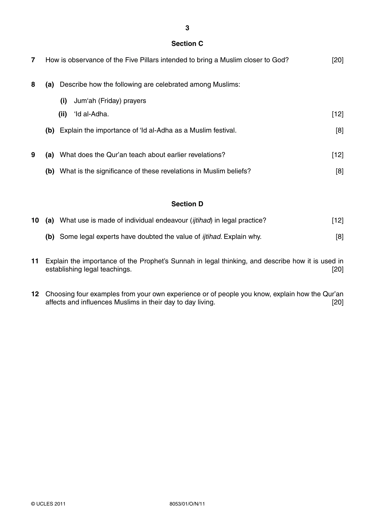 Cambridge A Level Islamic Studies (AS Level only) 8053 2011 Oct/Nov Paper 1 · Variant 1 question paper, page 3 of 4