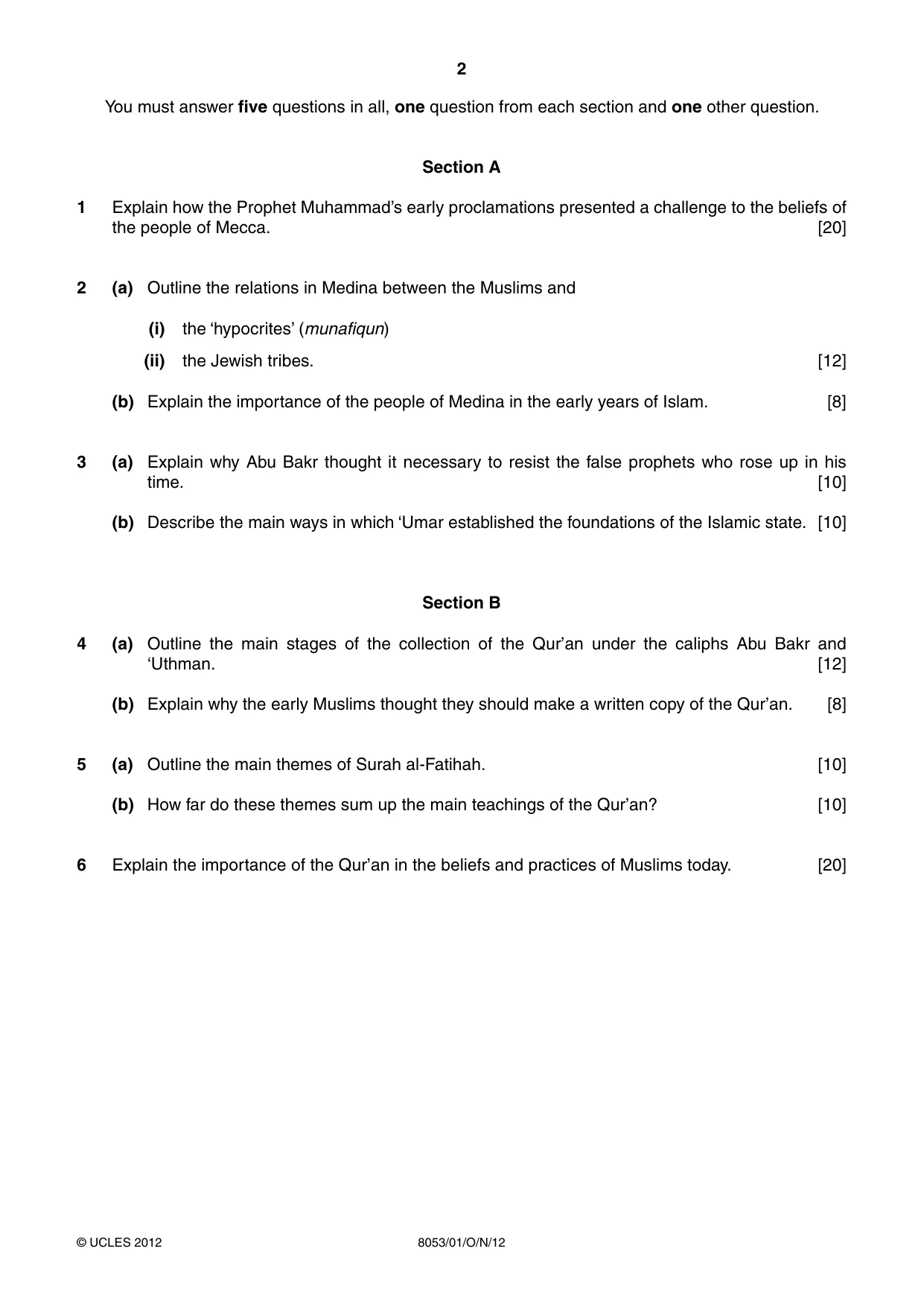 Cambridge A Level Islamic Studies (AS Level only) 8053 2012 Oct/Nov Paper 1 · Variant 1 question paper, page 2 of 4