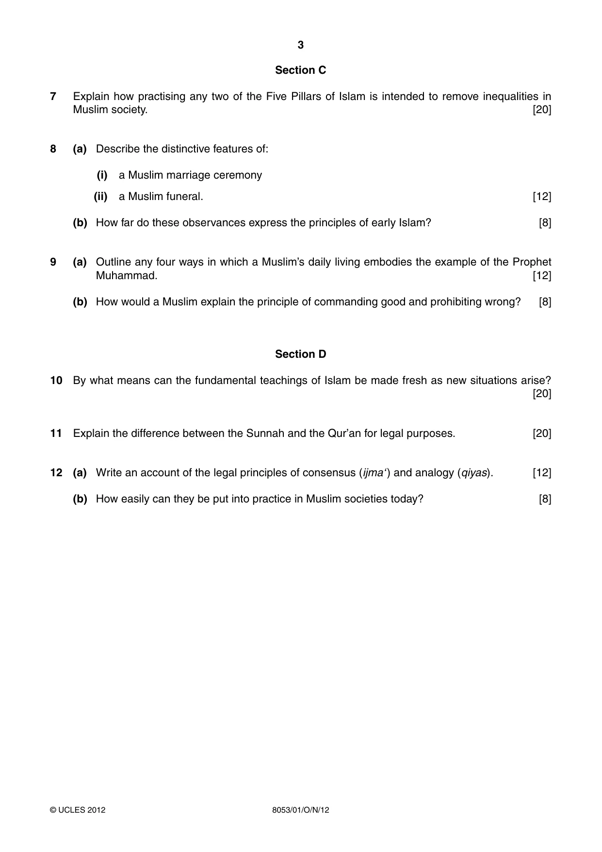 Cambridge A Level Islamic Studies (AS Level only) 8053 2012 Oct/Nov Paper 1 · Variant 1 question paper, page 3 of 4