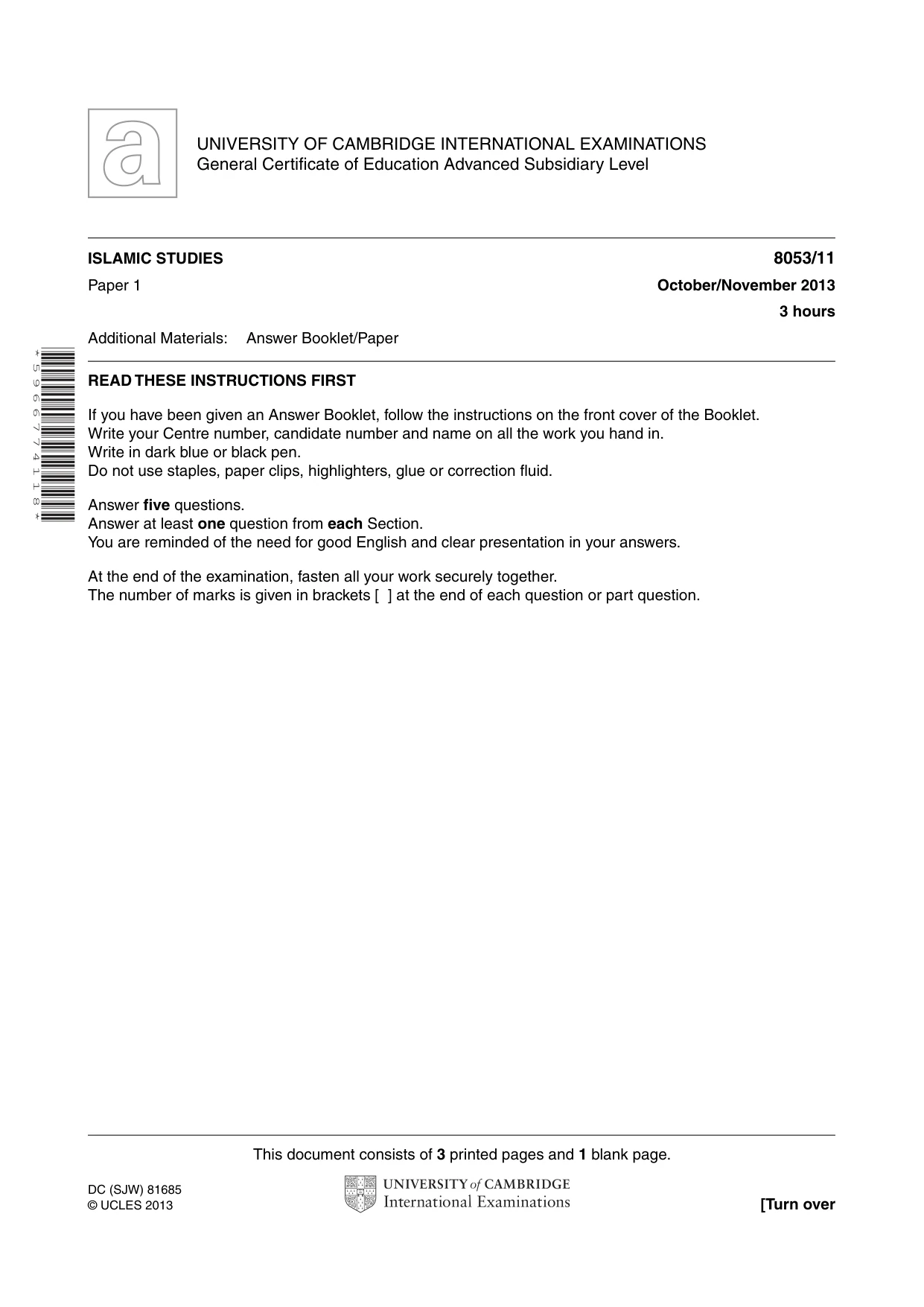 Cambridge A Level Islamic Studies (AS Level only) 8053 2013 Oct/Nov Paper 1 · Variant 1 question paper, page 1 of 4