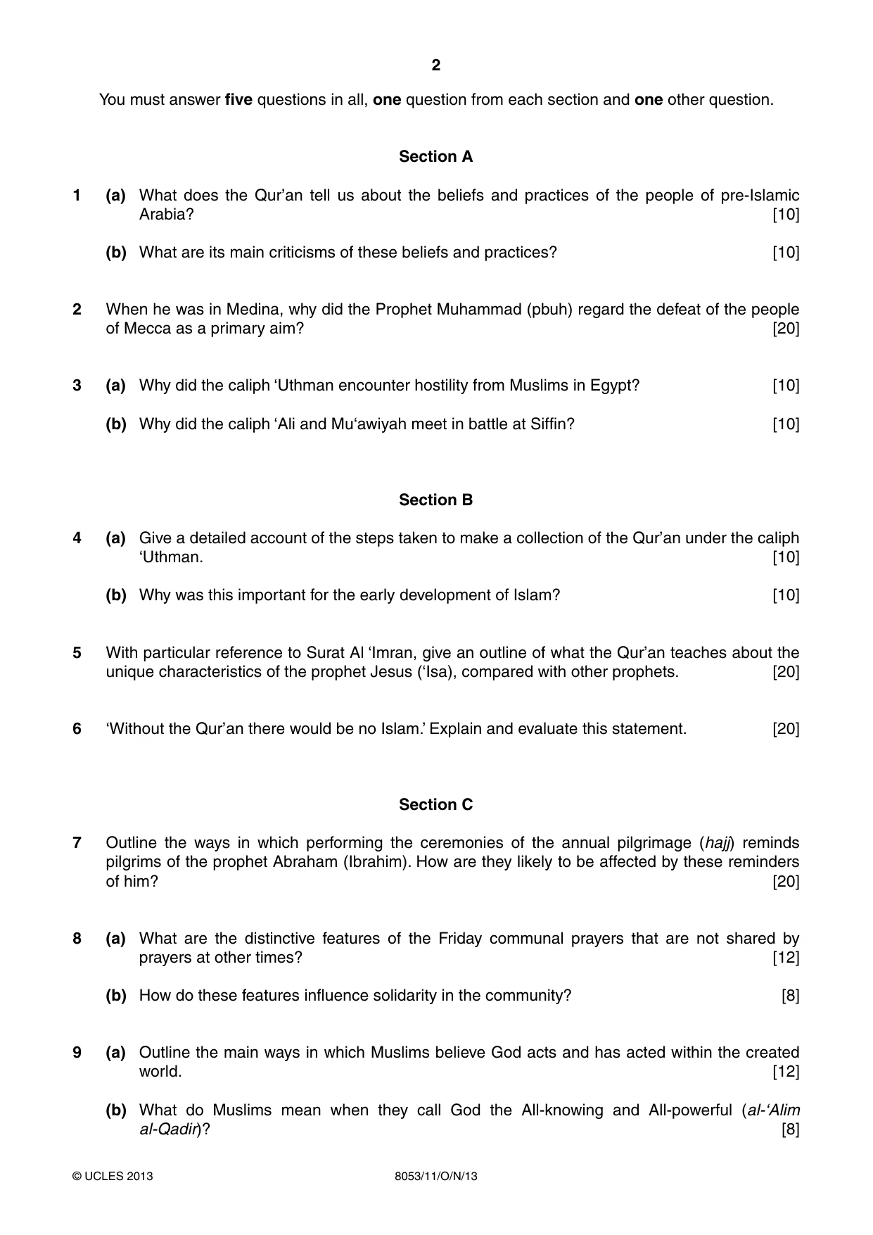 Cambridge A Level Islamic Studies (AS Level only) 8053 2013 Oct/Nov Paper 1 · Variant 1 question paper, page 2 of 4