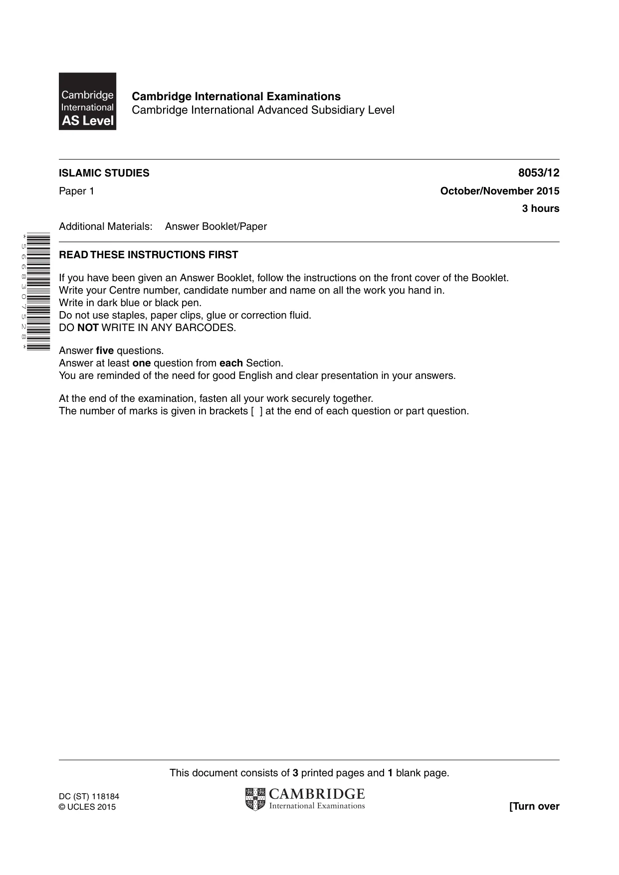Cambridge A Level Islamic Studies (AS Level only) 8053 2015 Oct/Nov Paper 1 · Variant 2 question paper, page 1 of 4