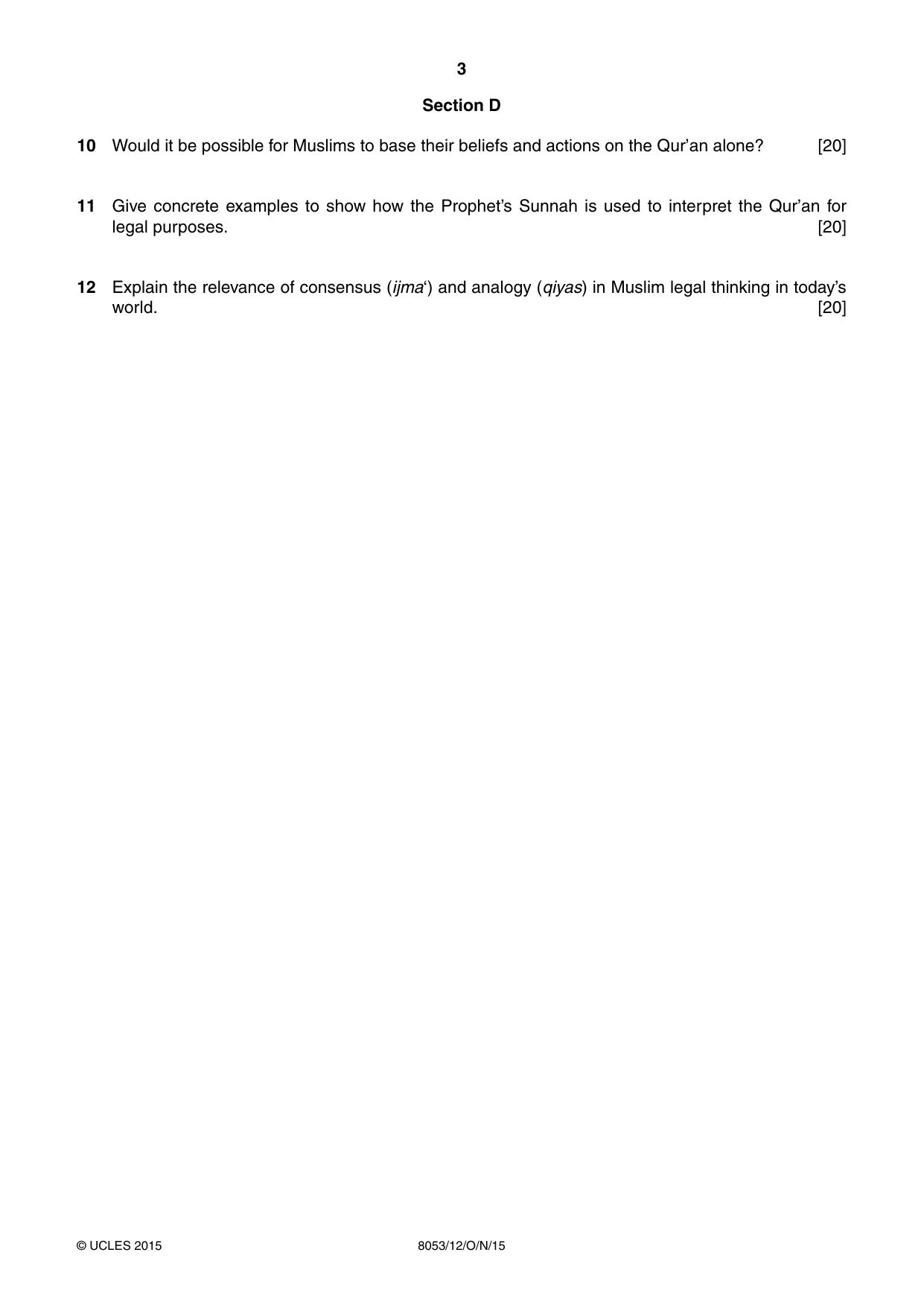 Cambridge A Level Islamic Studies (AS Level only) 8053 2015 Oct/Nov Paper 1 · Variant 2 question paper, page 3 of 4