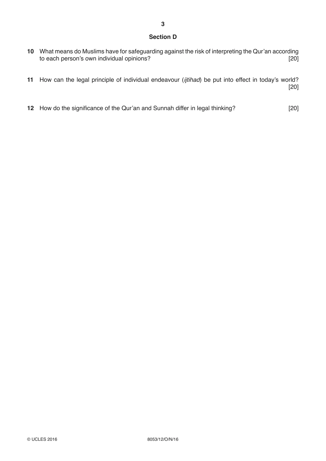 Cambridge A Level Islamic Studies (AS Level only) 8053 2016 Oct/Nov Paper 1 · Variant 2 question paper, page 3 of 4