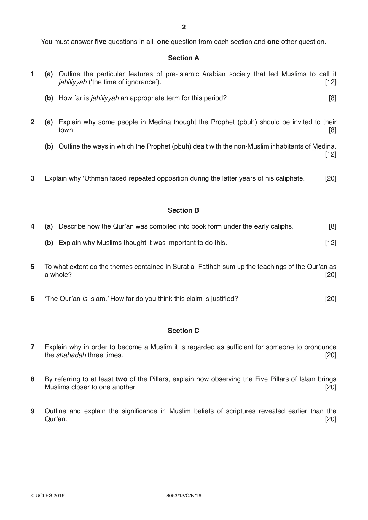 Cambridge A Level Islamic Studies (AS Level only) 8053 2016 Oct/Nov Paper 1 · Variant 3 question paper, page 2 of 4