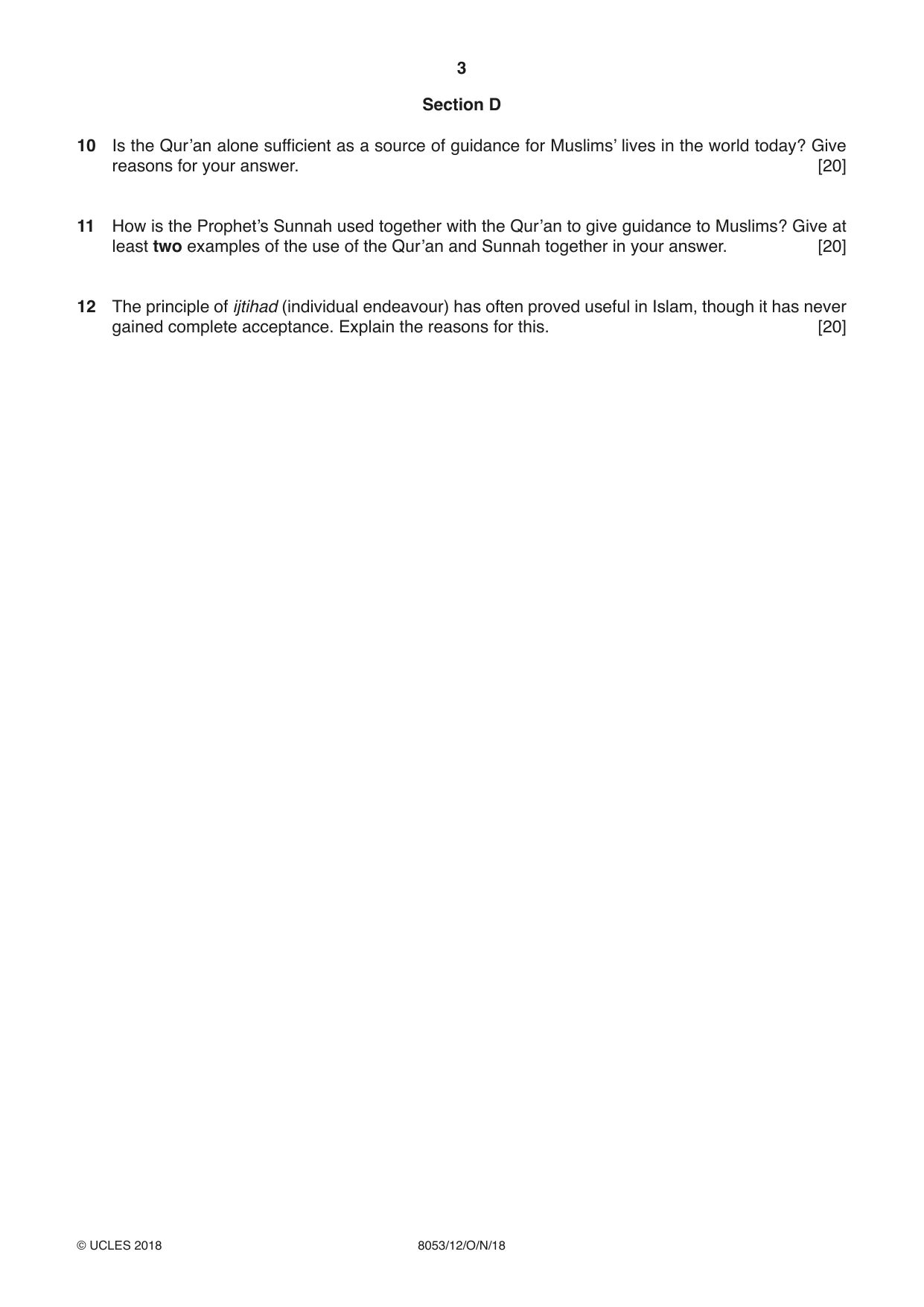 Cambridge A Level Islamic Studies (AS Level only) 8053 2018 Oct/Nov Paper 1 · Variant 2 question paper, page 3 of 4