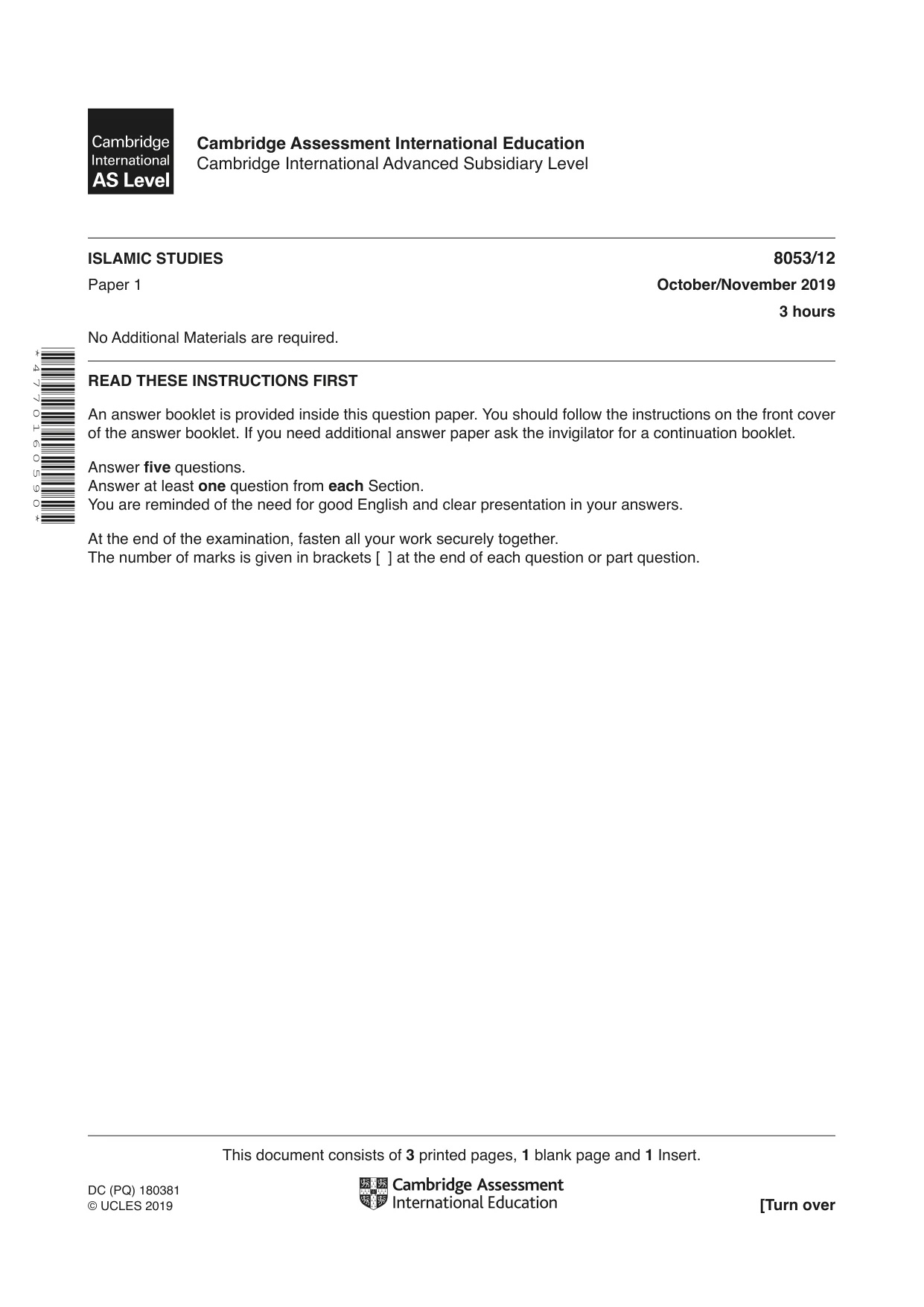 Cambridge A Level Islamic Studies (AS Level only) 8053 2019 Oct/Nov Paper 1 · Variant 2 question paper, page 1 of 4