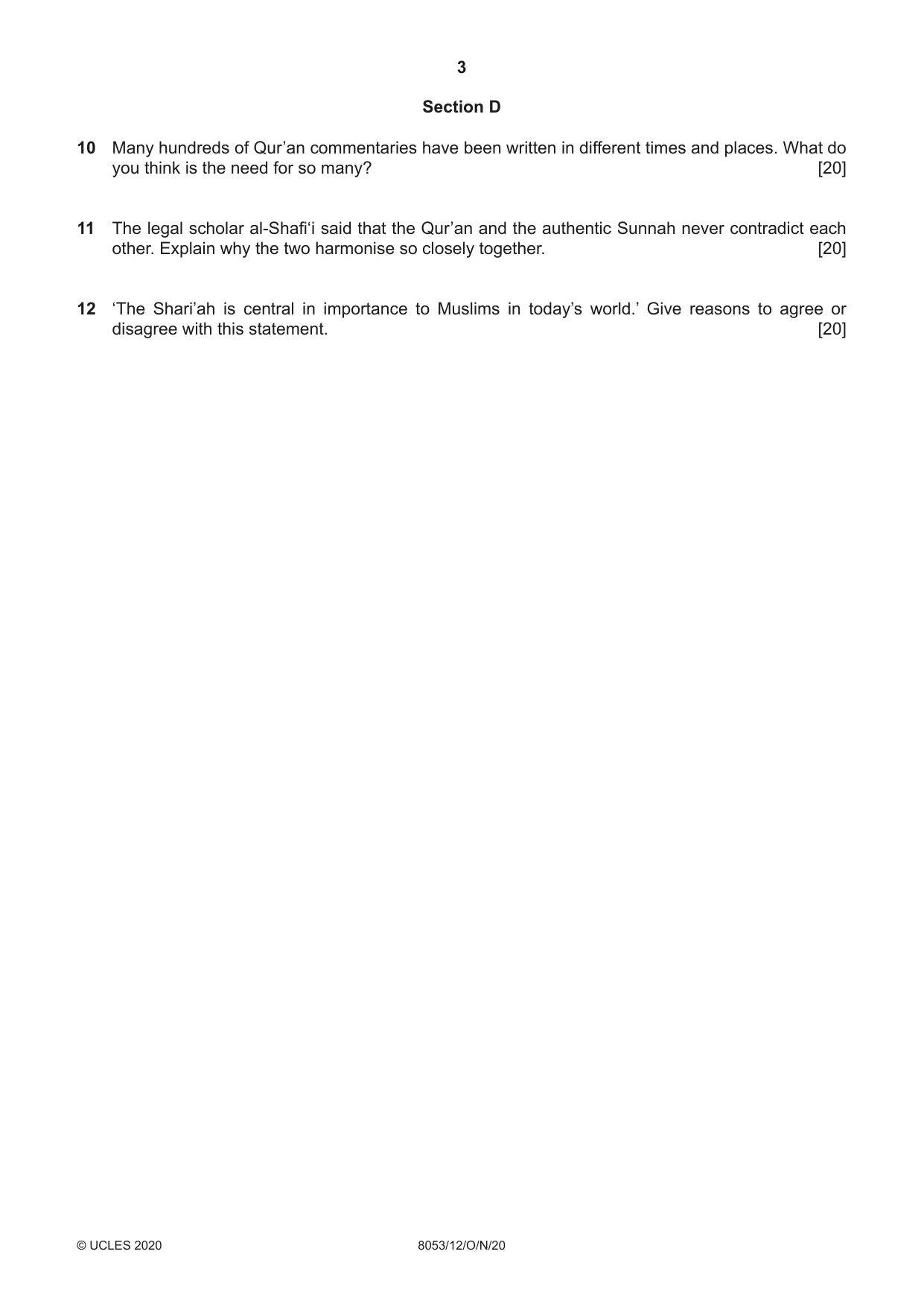 Cambridge A Level Islamic Studies (AS Level only) 8053 2020 Oct/Nov Paper 1 · Variant 2 question paper, page 3 of 4