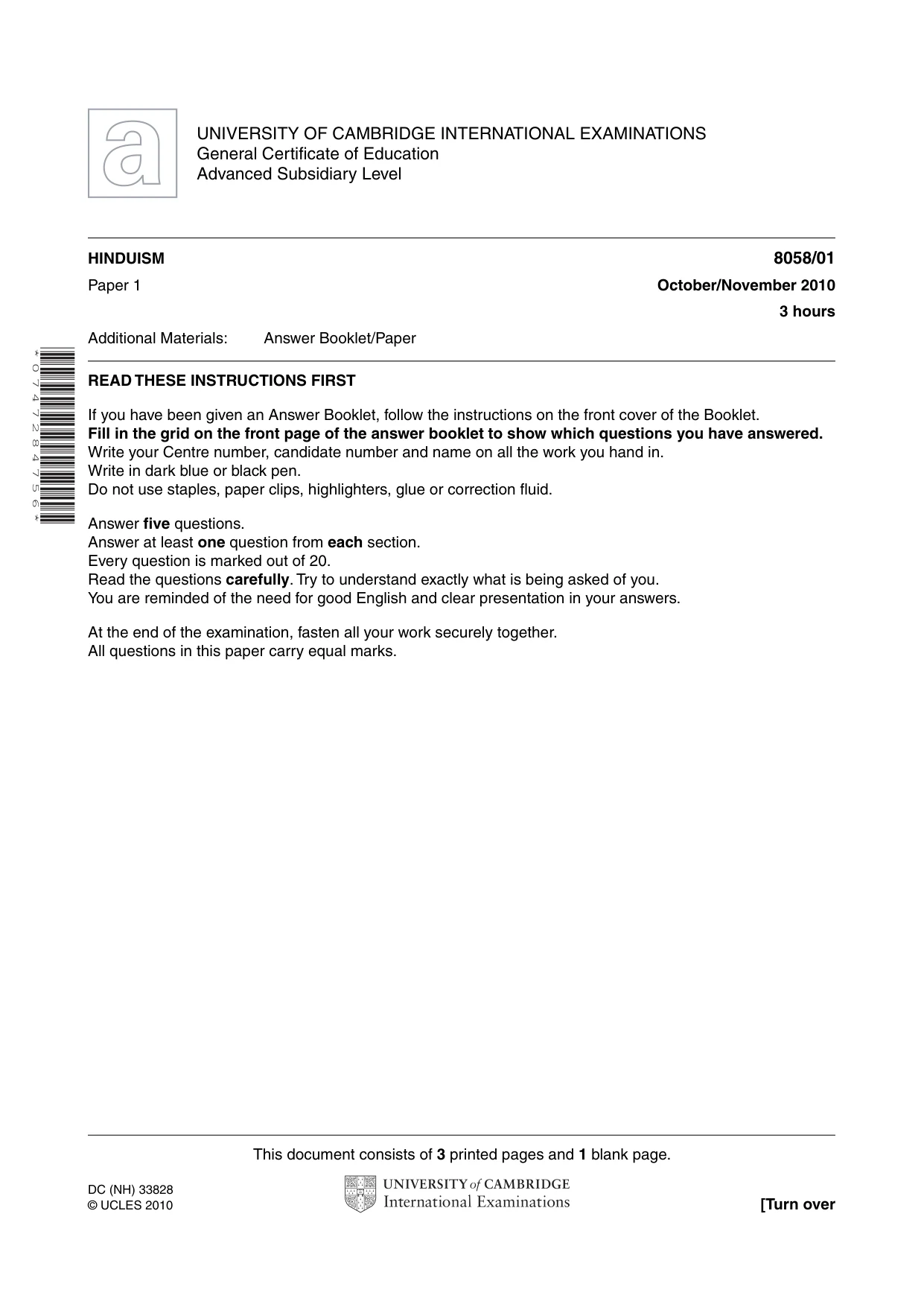 Cambridge A Level Hinduism (AS level only) 8058 2010 Oct/Nov Paper 1 · Variant 1 question paper, page 1 of 4