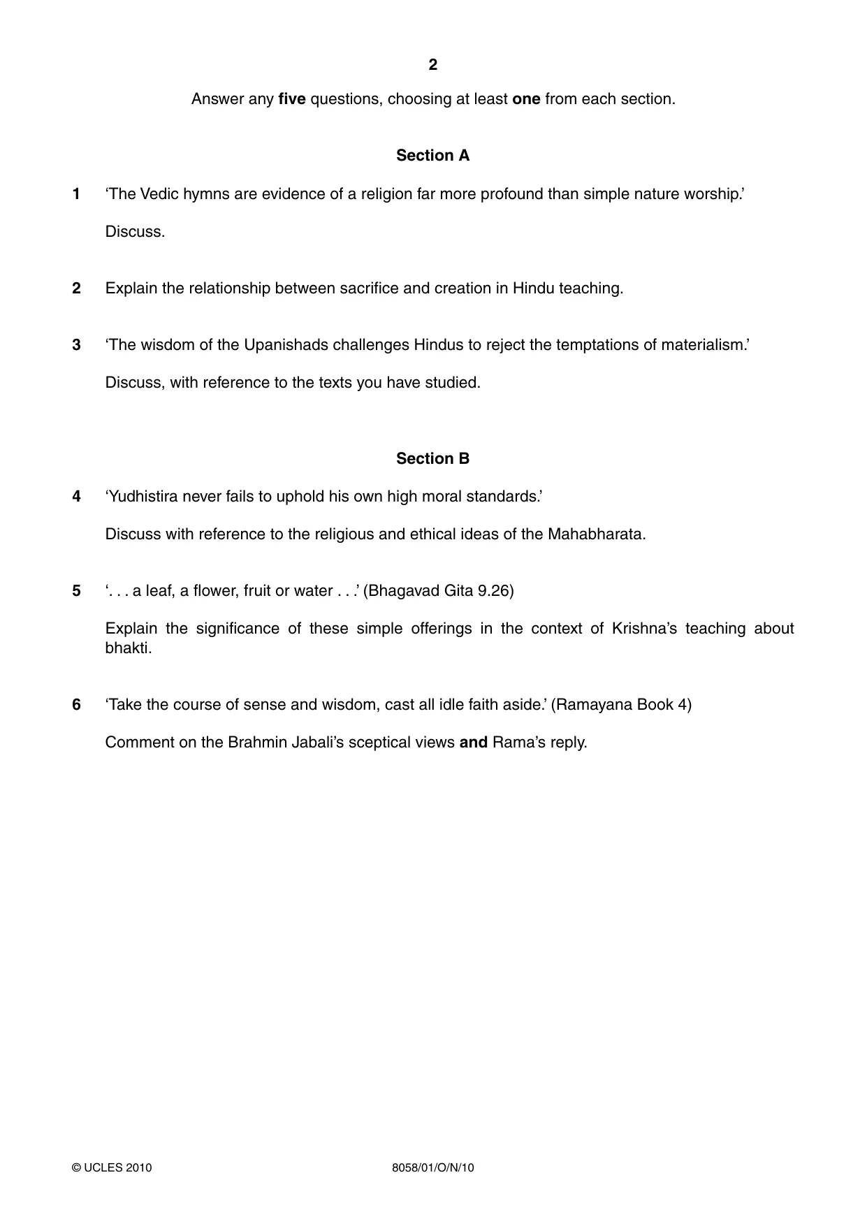 Cambridge A Level Hinduism (AS level only) 8058 2010 Oct/Nov Paper 1 · Variant 1 question paper, page 2 of 4