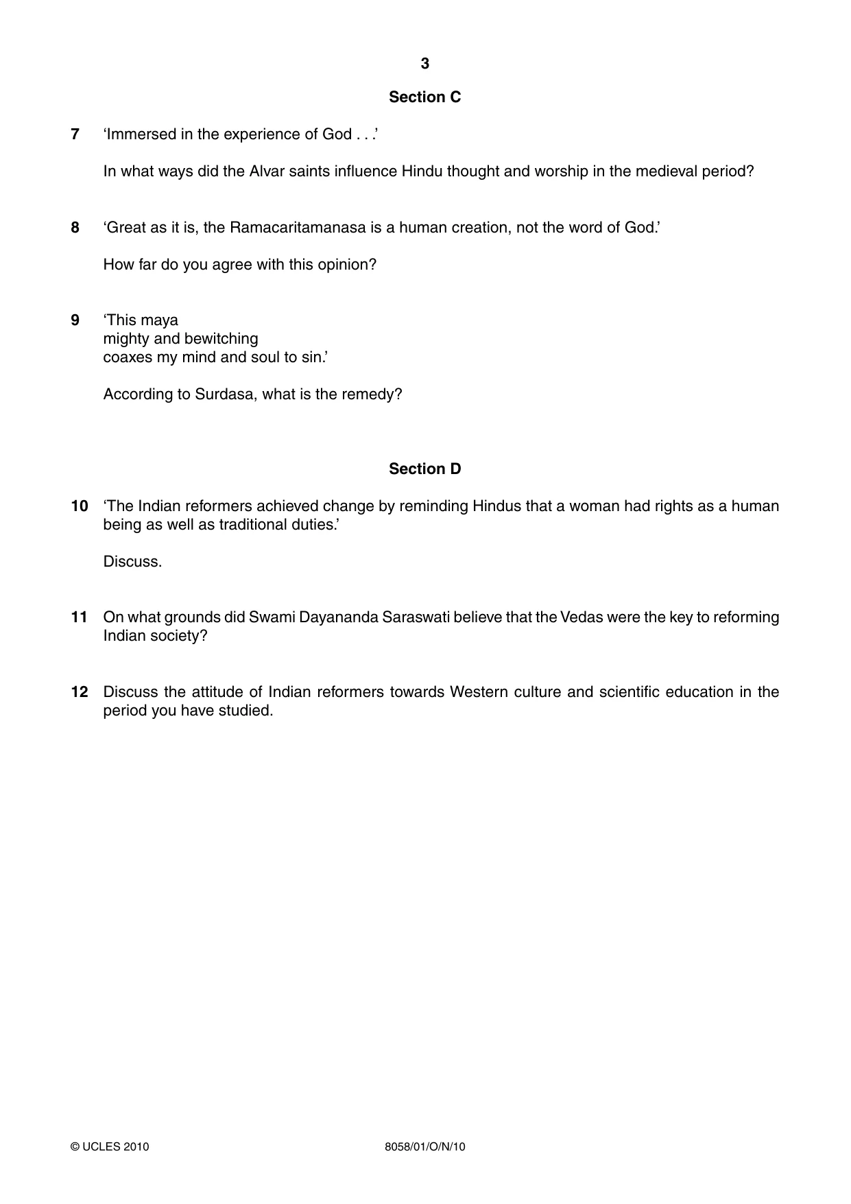 Cambridge A Level Hinduism (AS level only) 8058 2010 Oct/Nov Paper 1 · Variant 1 question paper, page 3 of 4
