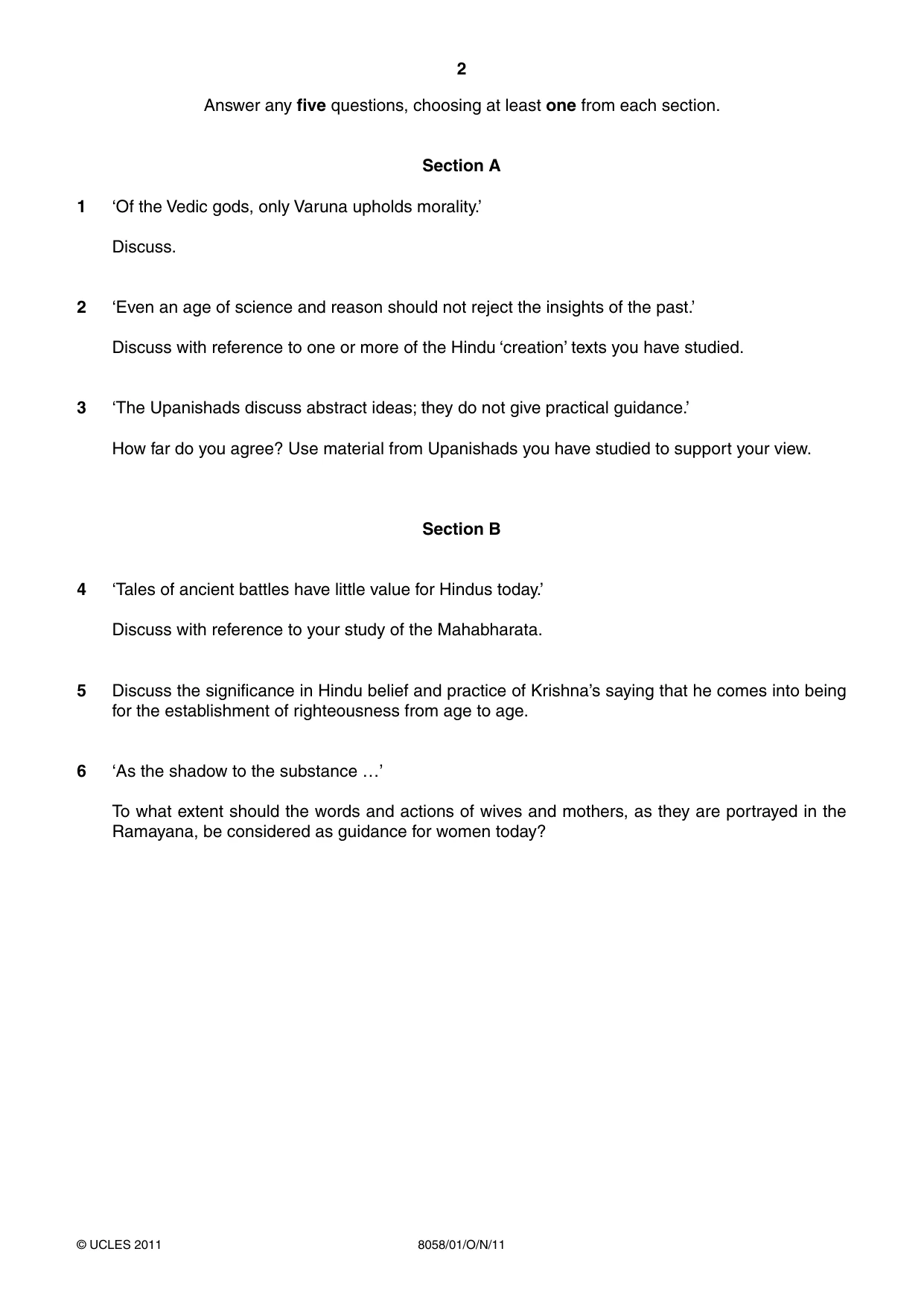 Cambridge A Level Hinduism (AS level only) 8058 2011 Oct/Nov Paper 1 · Variant 1 question paper, page 2 of 4