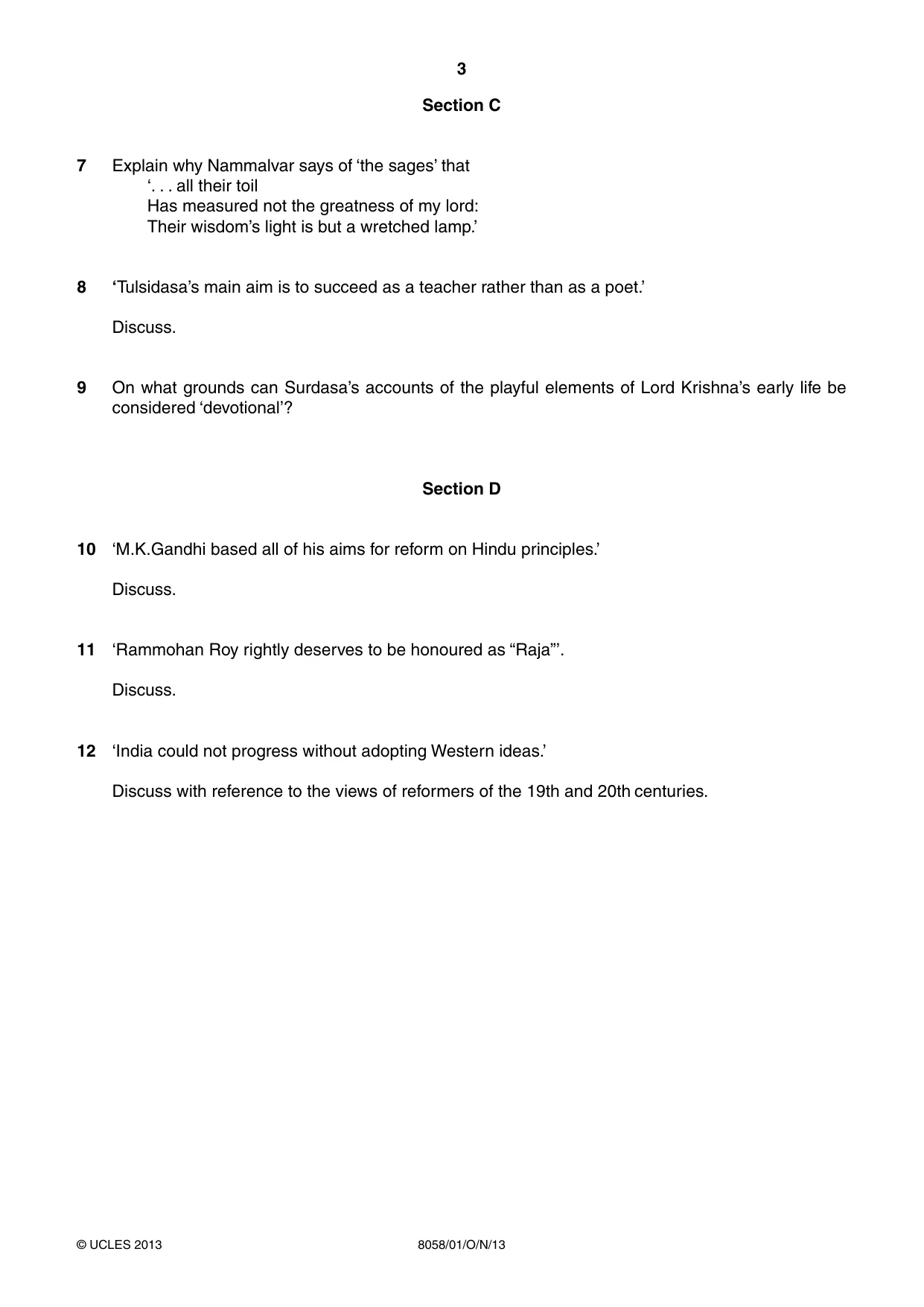 Cambridge A Level Hinduism (AS level only) 8058 2013 Oct/Nov Paper 1 · Variant 1 question paper, page 3 of 4