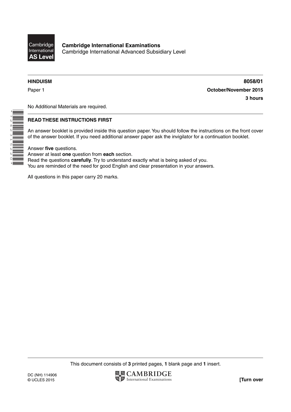 Cambridge A Level Hinduism (AS level only) 8058 2015 Oct/Nov Paper 1 · Variant 1 question paper, page 1 of 4