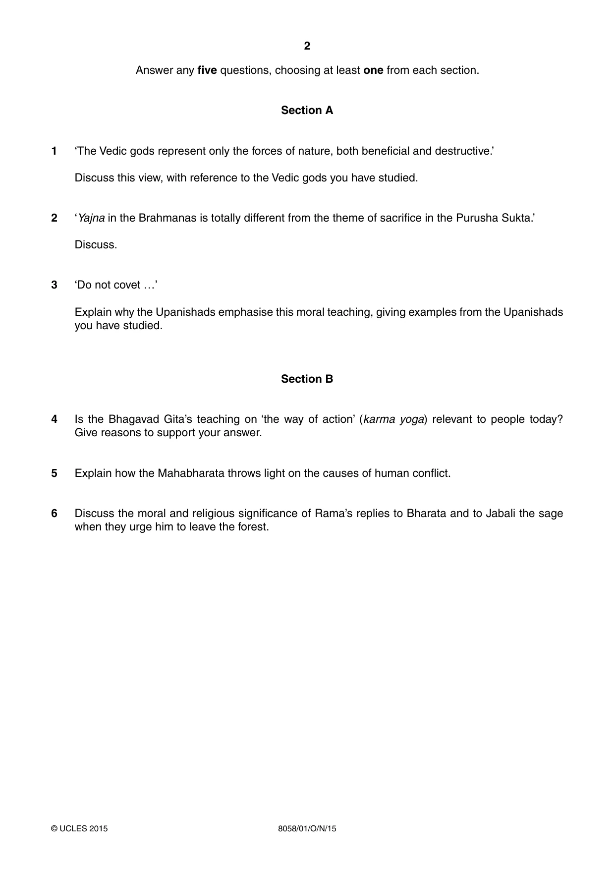 Cambridge A Level Hinduism (AS level only) 8058 2015 Oct/Nov Paper 1 · Variant 1 question paper, page 2 of 4