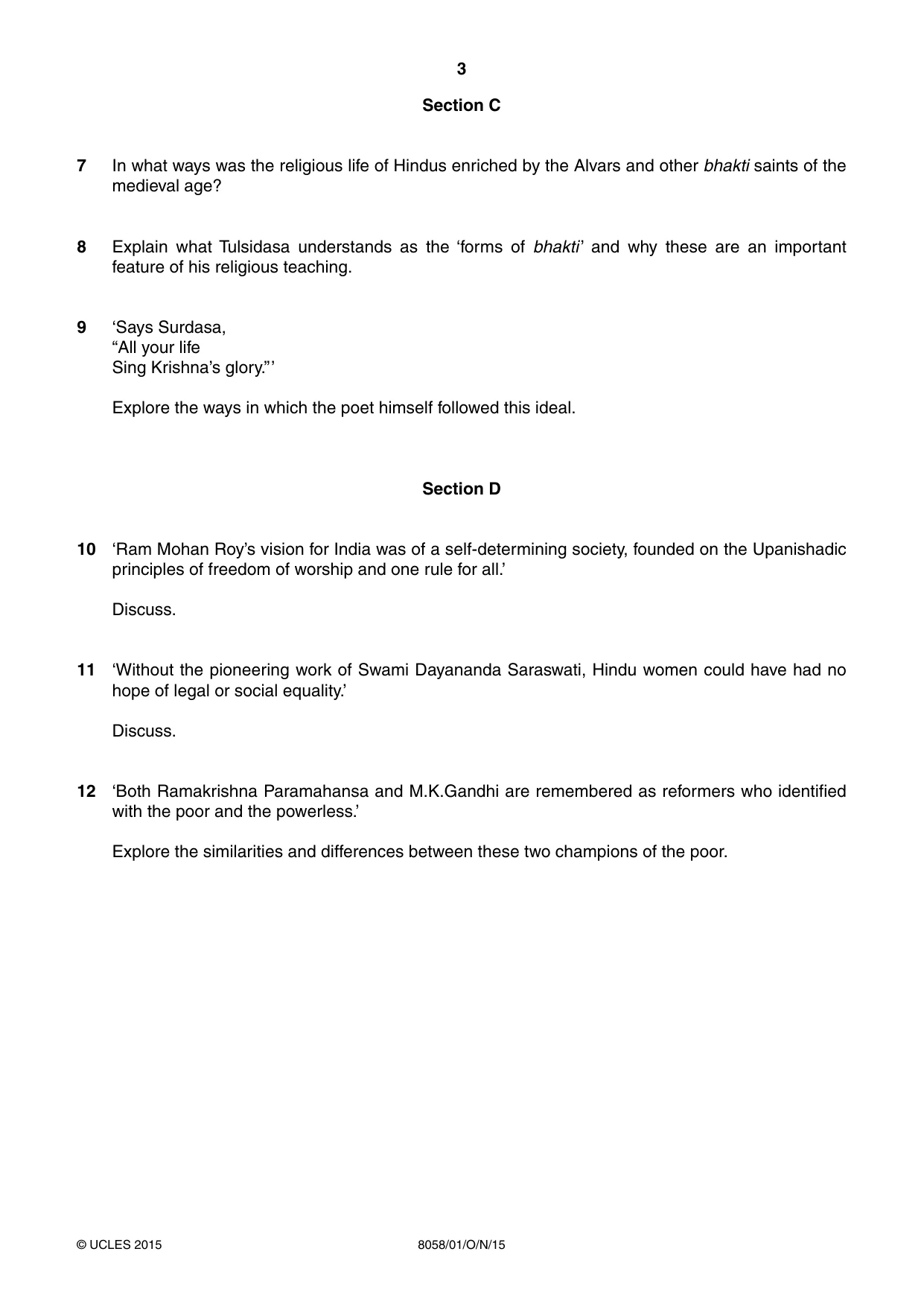 Cambridge A Level Hinduism (AS level only) 8058 2015 Oct/Nov Paper 1 · Variant 1 question paper, page 3 of 4