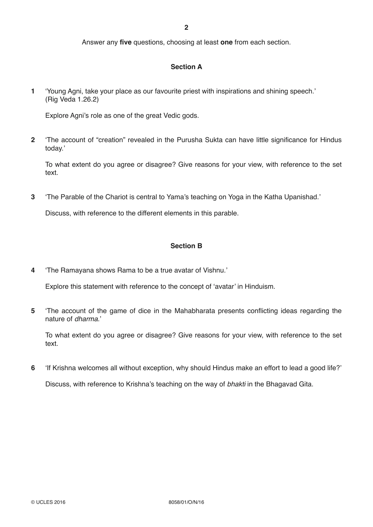 Cambridge A Level Hinduism (AS level only) 8058 2016 Oct/Nov Paper 1 · Variant 1 question paper, page 2 of 4