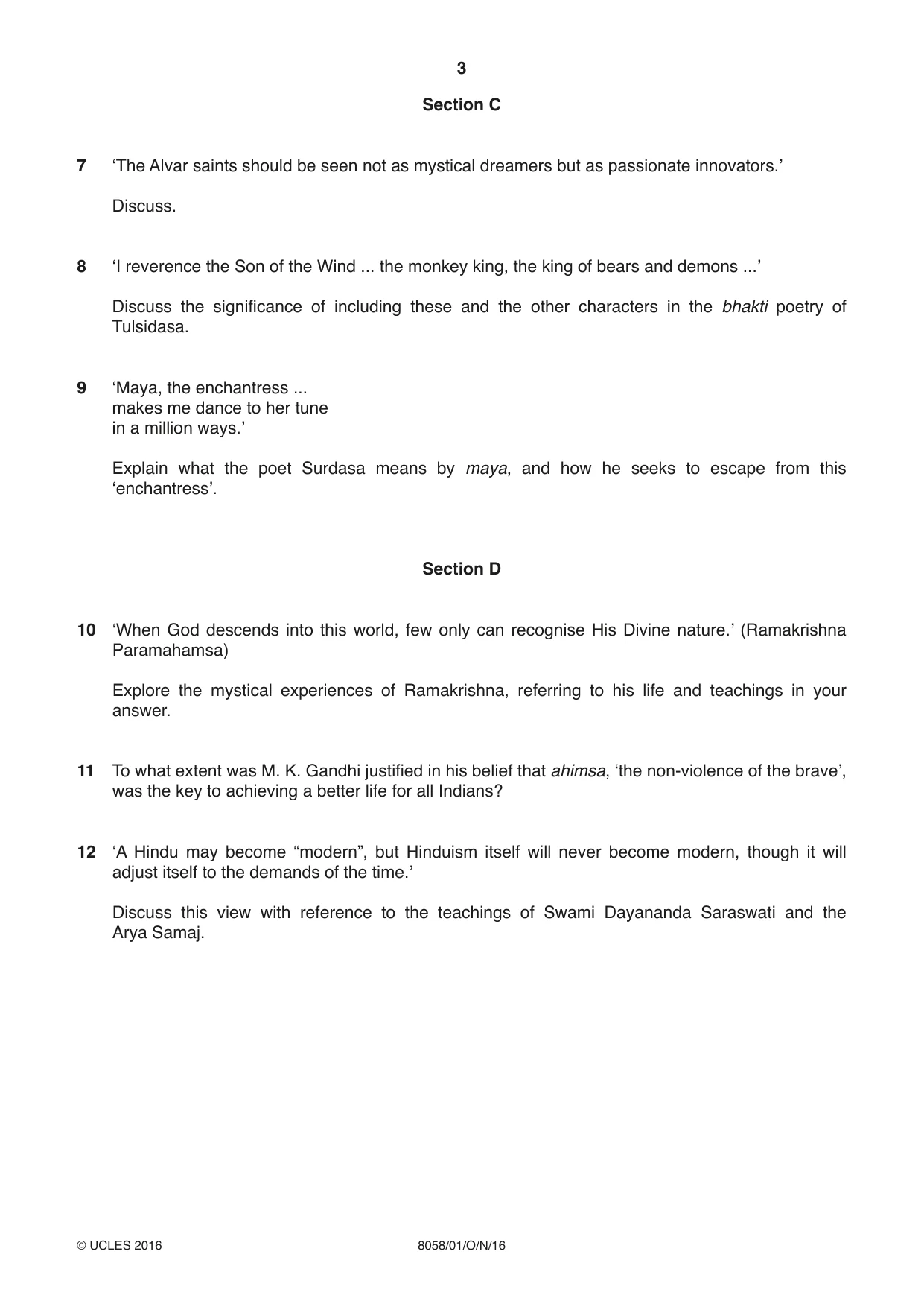 Cambridge A Level Hinduism (AS level only) 8058 2016 Oct/Nov Paper 1 · Variant 1 question paper, page 3 of 4