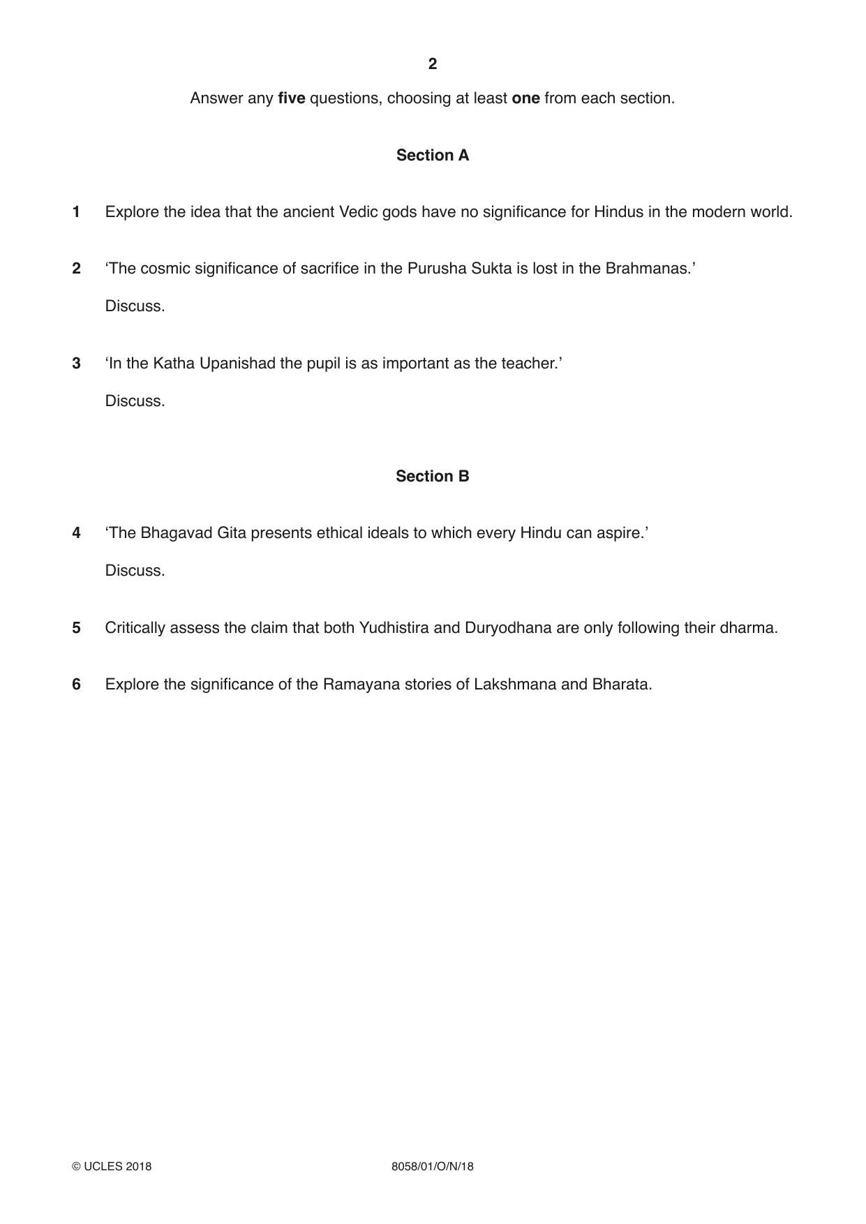Cambridge A Level Hinduism (AS level only) 8058 2018 Oct/Nov Paper 1 · Variant 0 question paper, page 2 of 4