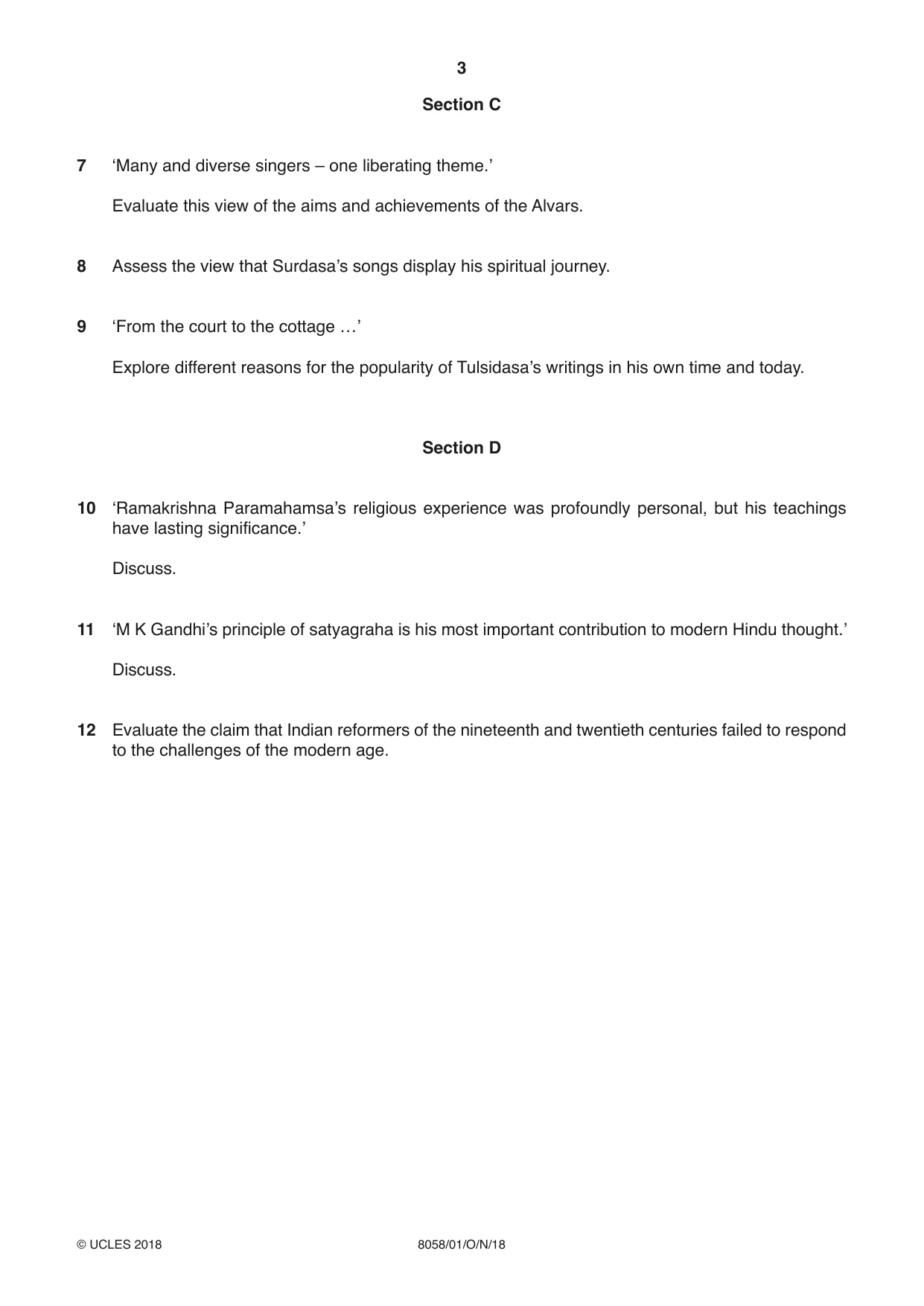 Cambridge A Level Hinduism (AS level only) 8058 2018 Oct/Nov Paper 1 · Variant 0 question paper, page 3 of 4