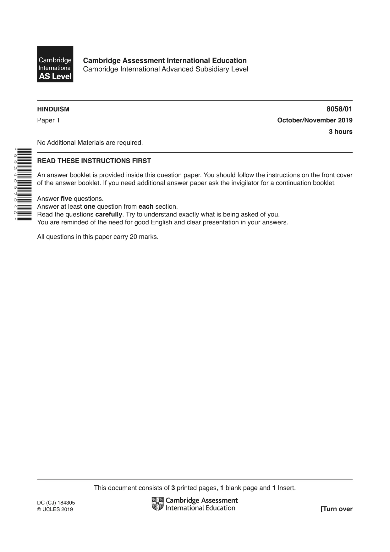 Cambridge A Level Hinduism (AS level only) 8058 2019 Oct/Nov Paper 1 · Variant 1 question paper, page 1 of 4