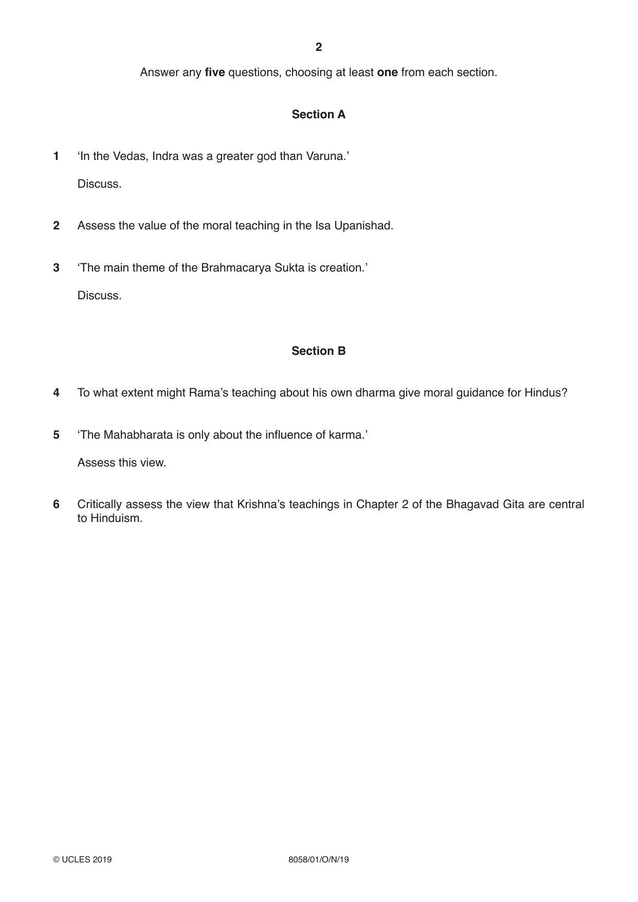 Cambridge A Level Hinduism (AS level only) 8058 2019 Oct/Nov Paper 1 · Variant 1 question paper, page 2 of 4