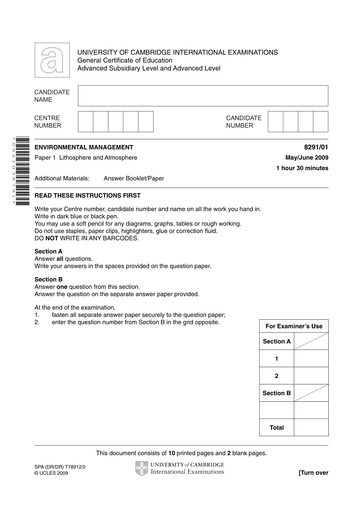 Cambridge A Level Environmental Management (AS only) 8291 2009 May/June Paper 1 · Variant 1 question paper, page 1 of 12