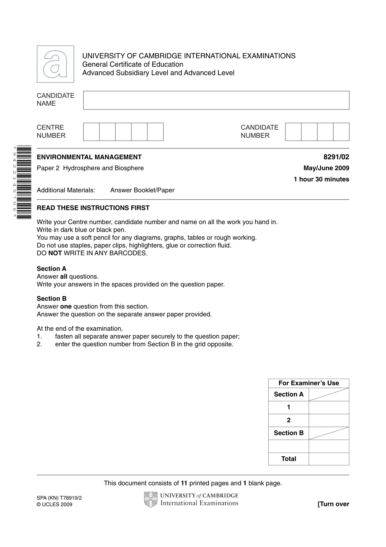 Cambridge A Level Environmental Management (AS only) 8291 2009 May/June Paper 2 · Variant 1 question paper, page 1 of 12
