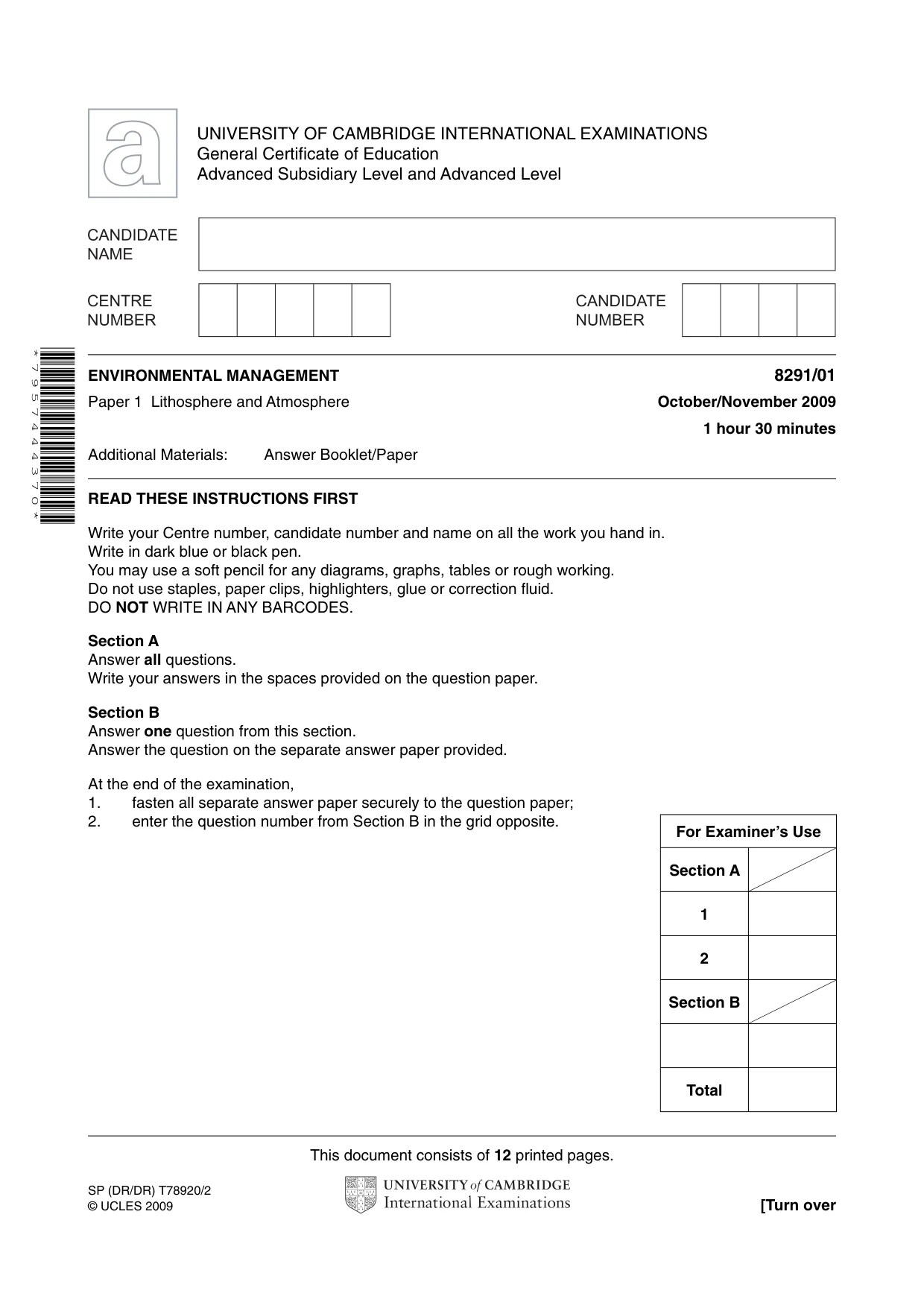 Cambridge A Level Environmental Management (AS only) 8291 2009 Oct/Nov Paper 1 · Variant 1 question paper, page 1 of 12