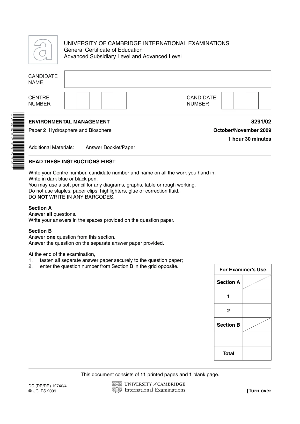 Cambridge A Level Environmental Management (AS only) 8291 2009 Oct/Nov Paper 2 · Variant 1 question paper, page 1 of 12