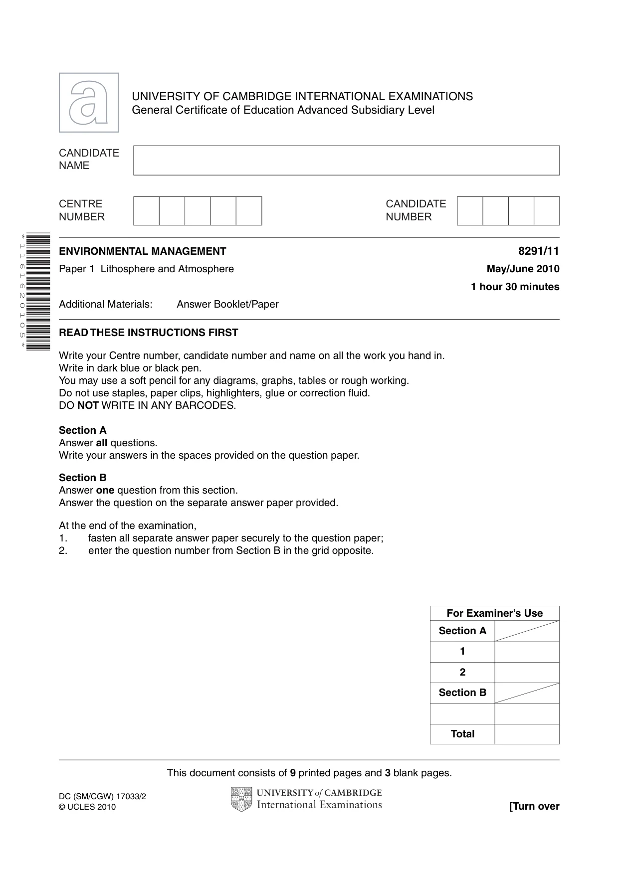 Cambridge A Level Environmental Management (AS only) 8291 2010 May/June Paper 1 · Variant 1 question paper, page 1 of 12