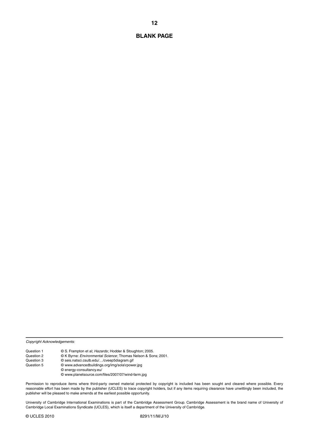 Cambridge A Level Environmental Management (AS only) 8291 2010 May/June Paper 1 · Variant 1 question paper, page 12 of 12