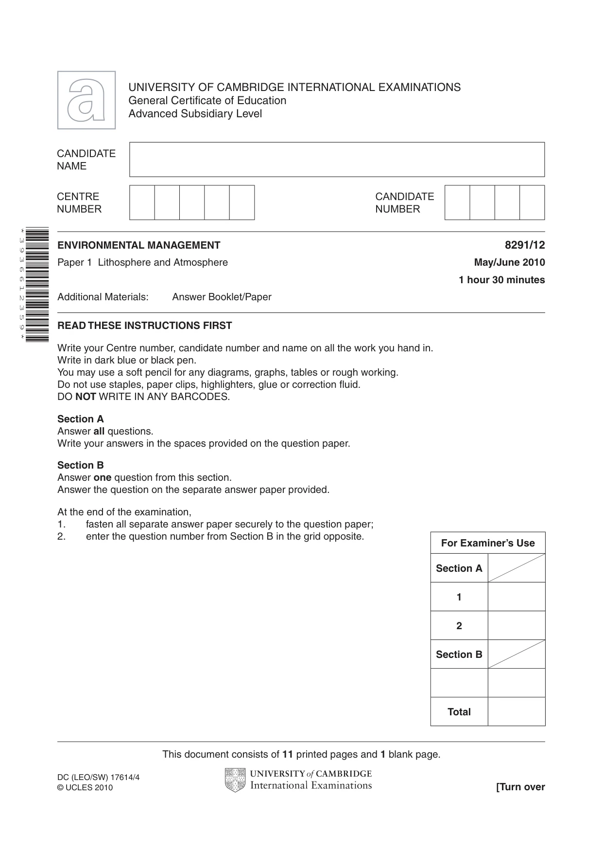Cambridge A Level Environmental Management (AS only) 8291 2010 May/June Paper 1 · Variant 2 question paper, page 1 of 12