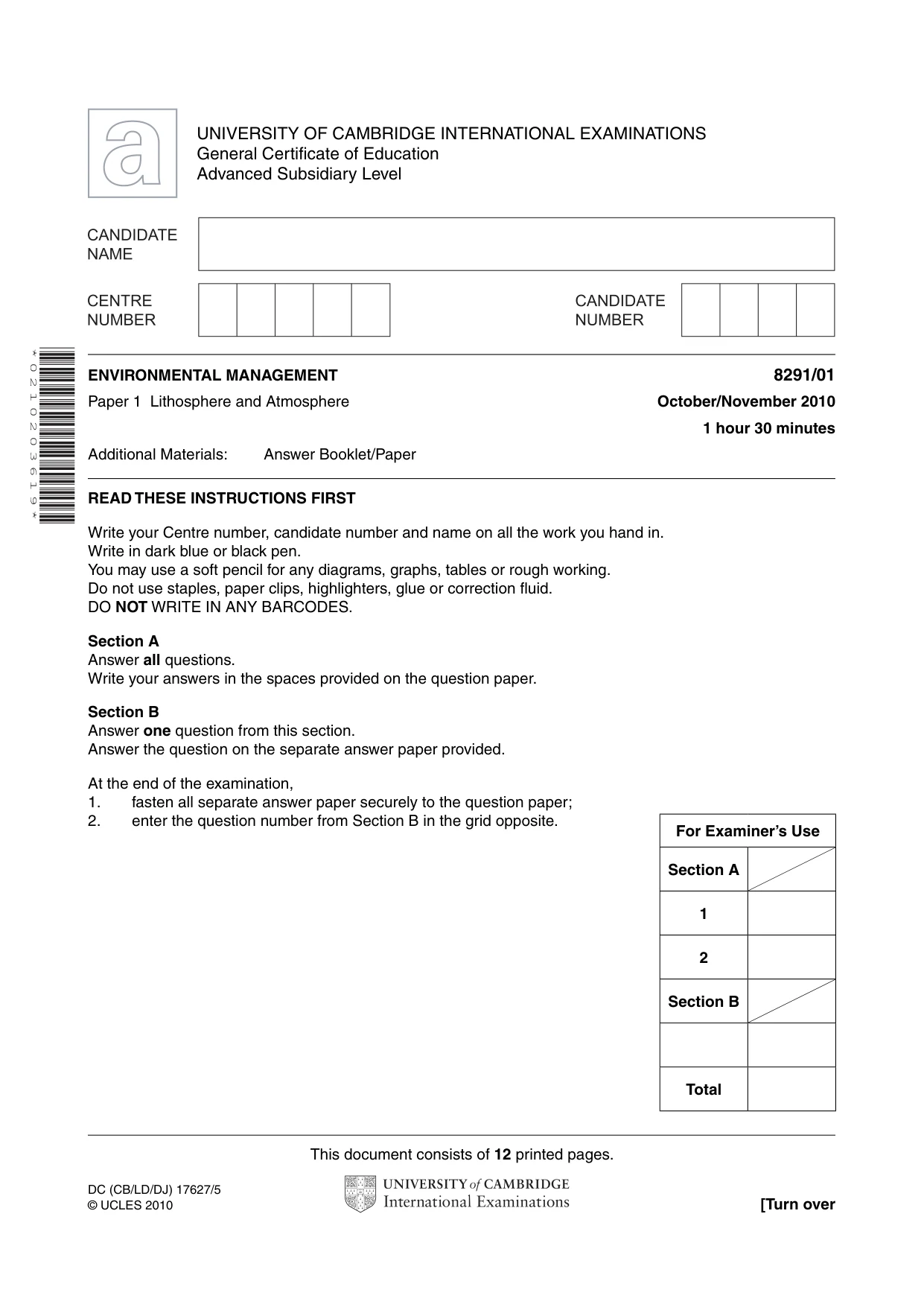 Cambridge A Level Environmental Management (AS only) 8291 2010 Oct/Nov Paper 1 · Variant 1 question paper, page 1 of 12