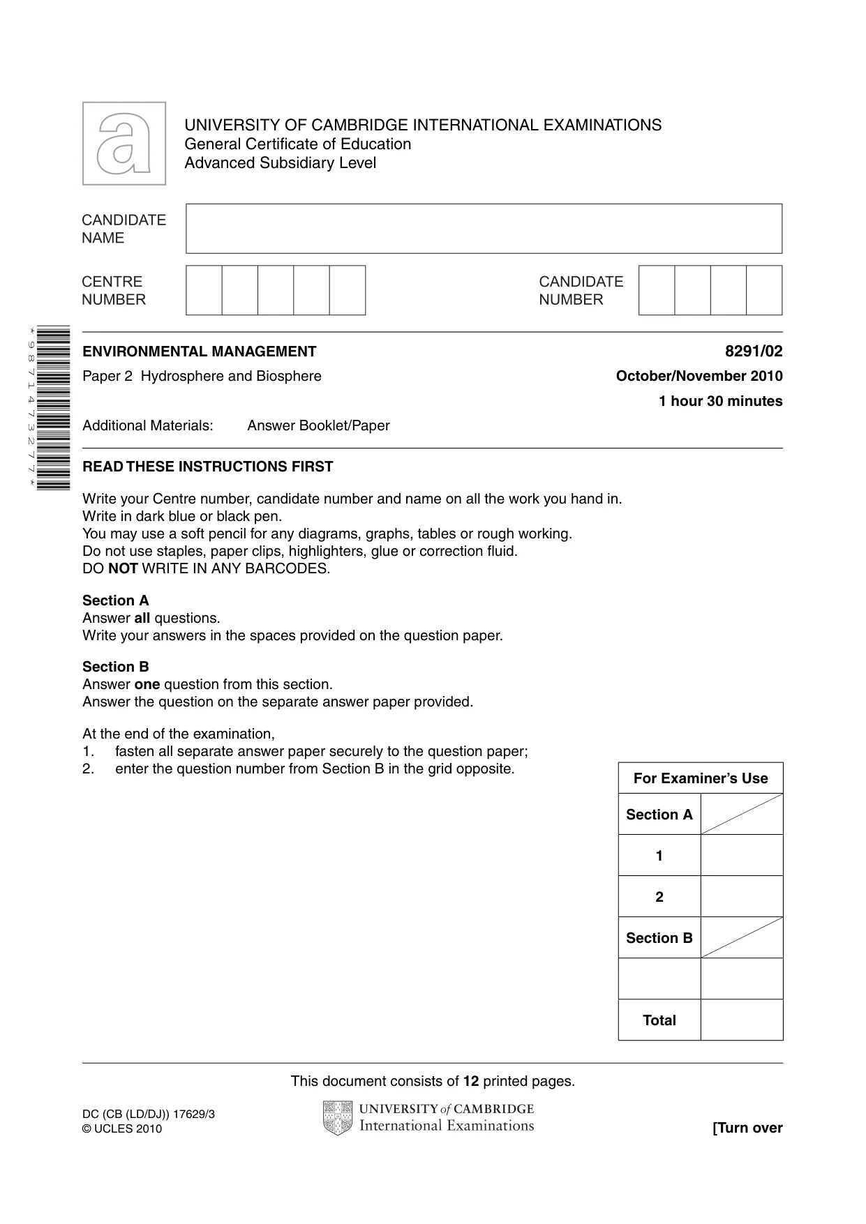 Cambridge A Level Environmental Management (AS only) 8291 2010 Oct/Nov Paper 2 · Variant 1 question paper, page 1 of 12