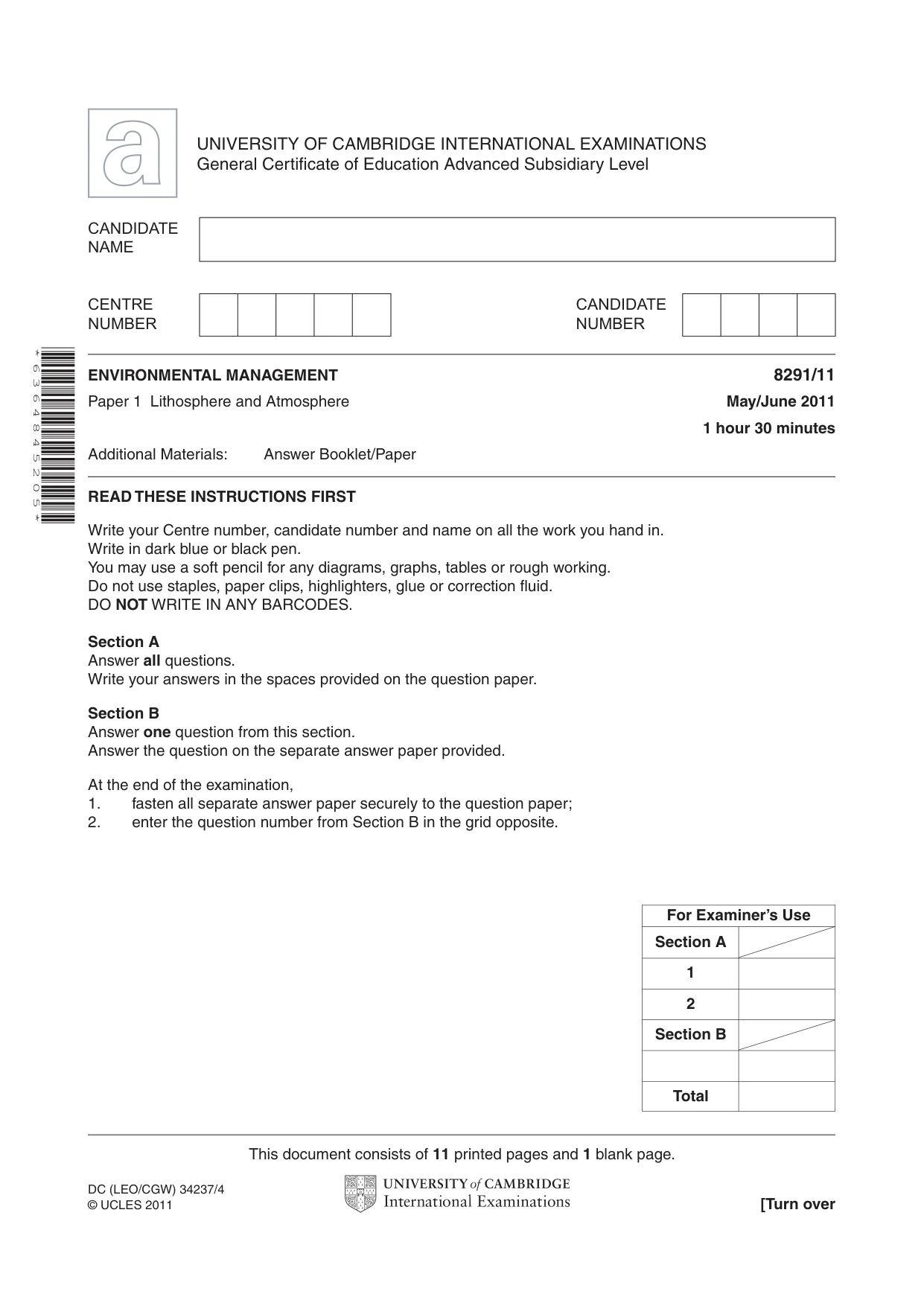 Cambridge A Level Environmental Management (AS only) 8291 2011 May/June Paper 1 · Variant 1 question paper, page 1 of 12