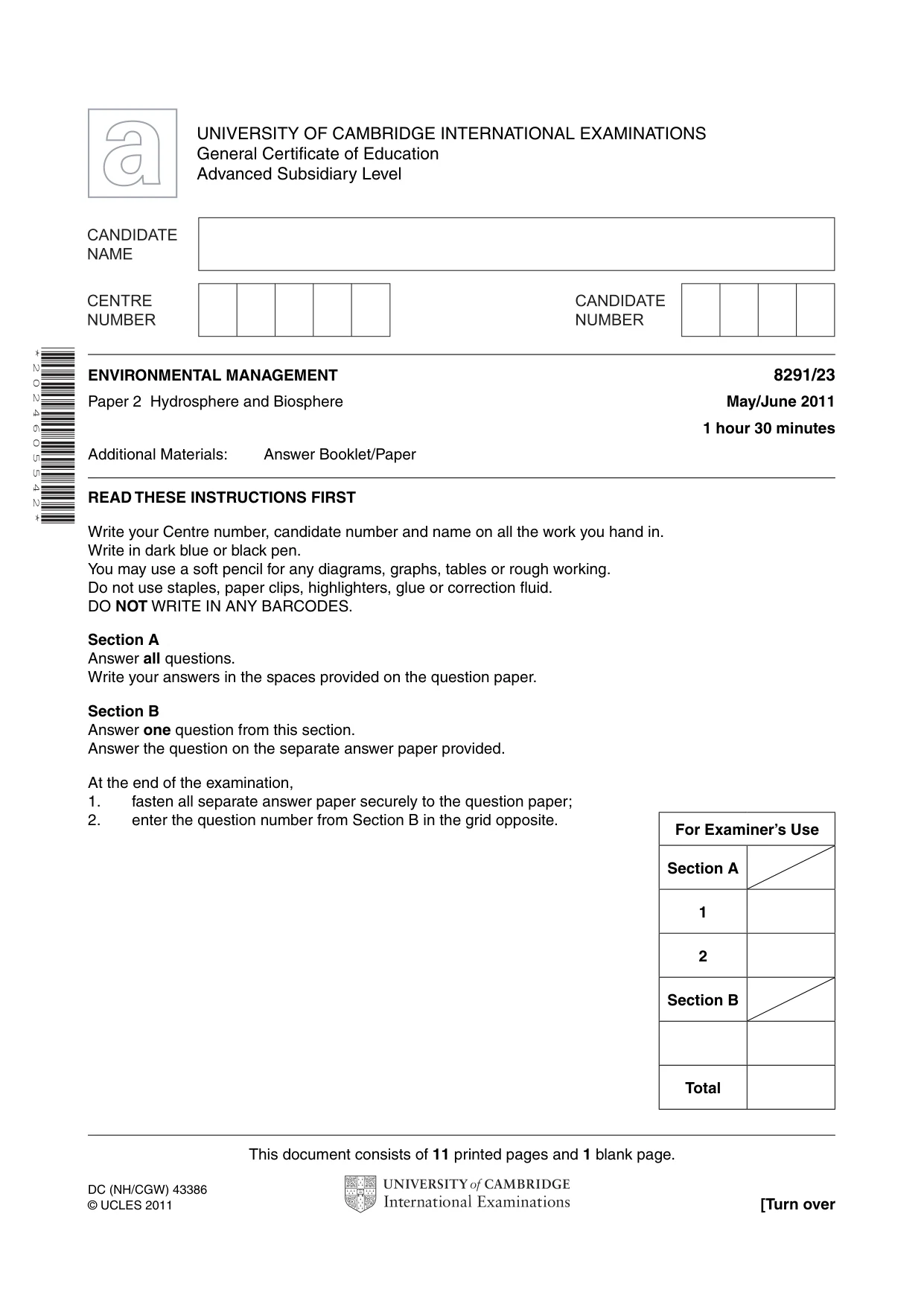 Cambridge A Level Environmental Management (AS only) 8291 2011 May/June Paper 2 · Variant 3 question paper, page 1 of 12