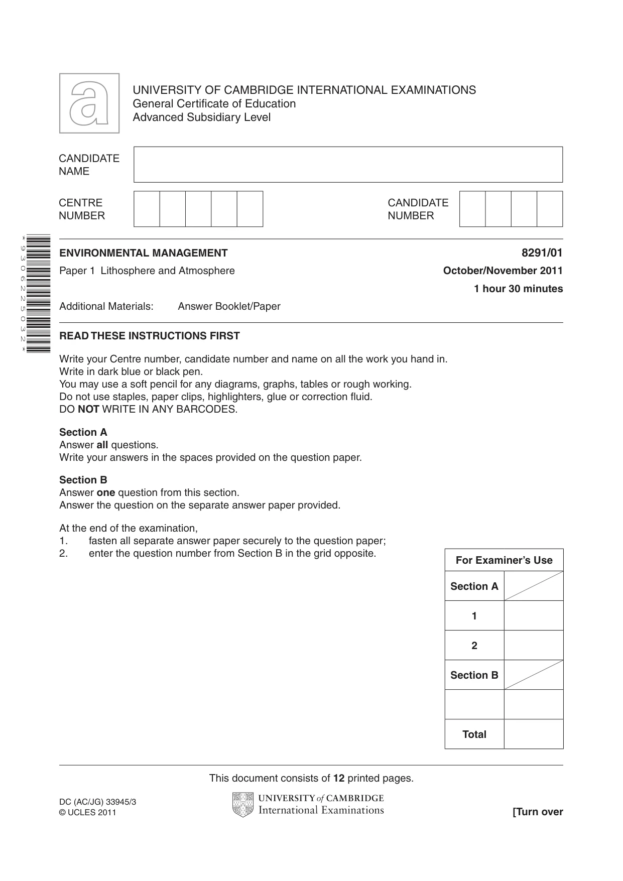 Cambridge A Level Environmental Management (AS only) 8291 2011 Oct/Nov Paper 1 · Variant 1 question paper, page 1 of 12