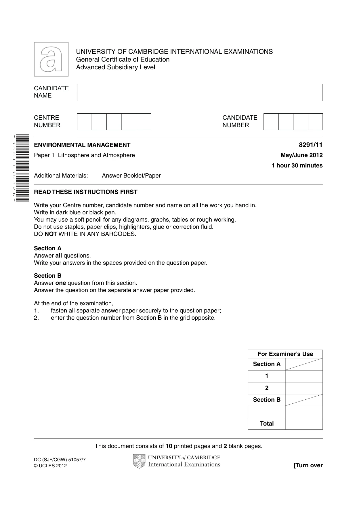 Cambridge A Level Environmental Management (AS only) 8291 2012 May/June Paper 1 · Variant 1 question paper, page 1 of 12