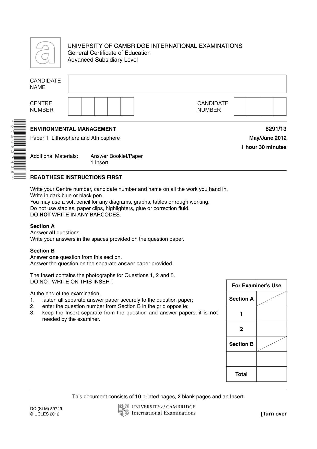 Cambridge A Level Environmental Management (AS only) 8291 2012 May/June Paper 1 · Variant 3 question paper, page 1 of 12