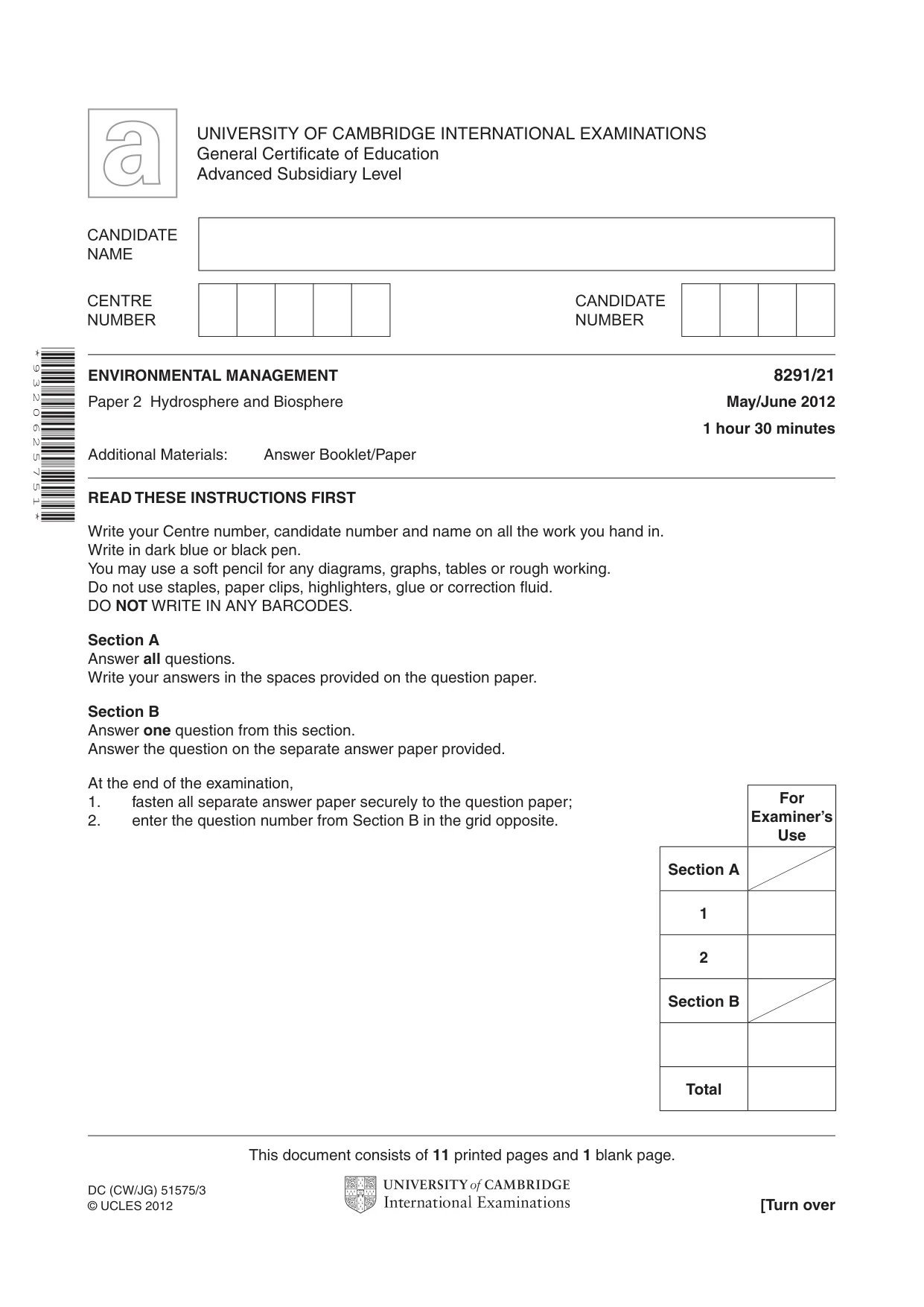 Cambridge A Level Environmental Management (AS only) 8291 2012 May/June Paper 2 · Variant 1 question paper, page 1 of 12