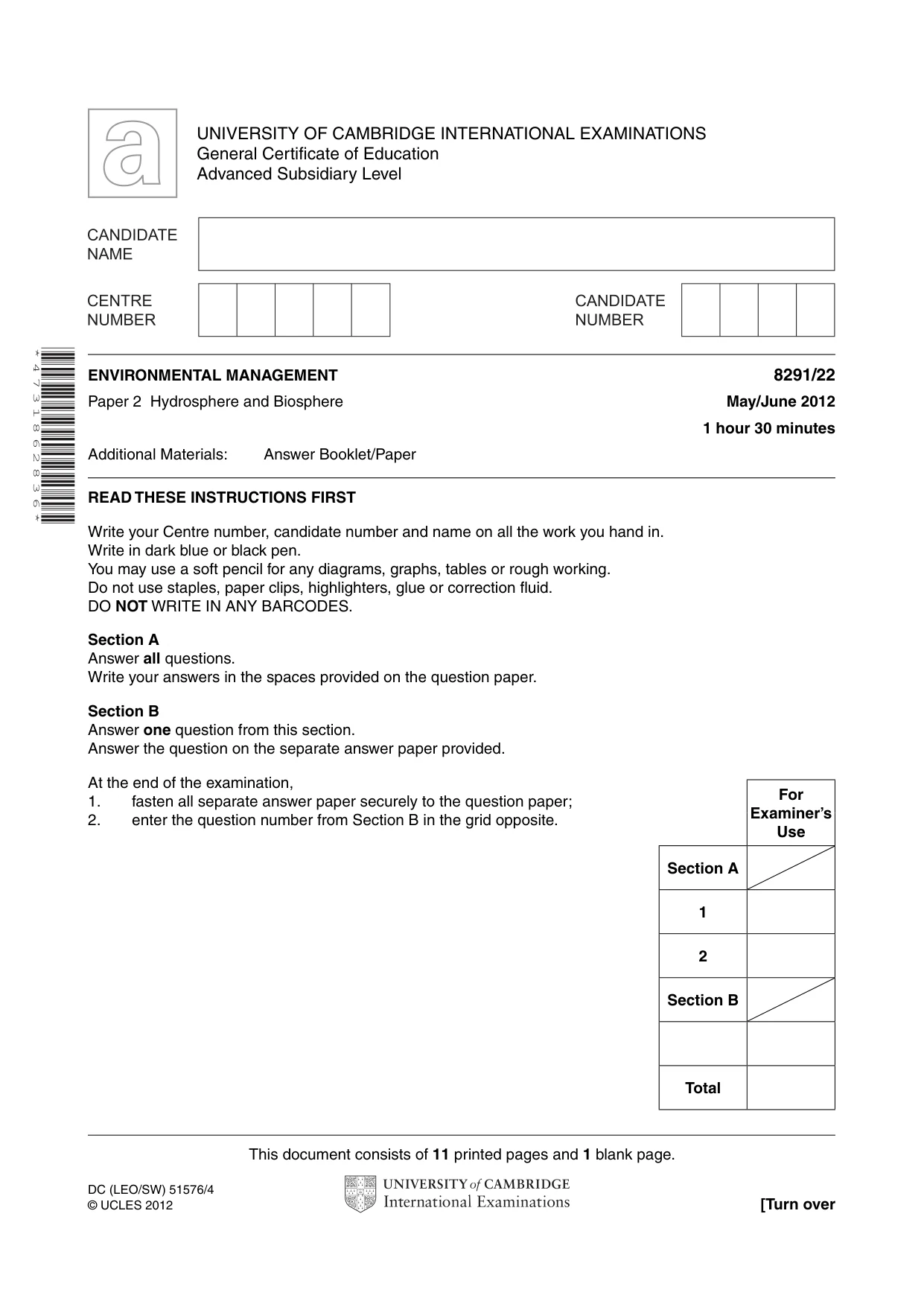 Cambridge A Level Environmental Management (AS only) 8291 2012 May/June Paper 2 · Variant 2 question paper, page 1 of 12