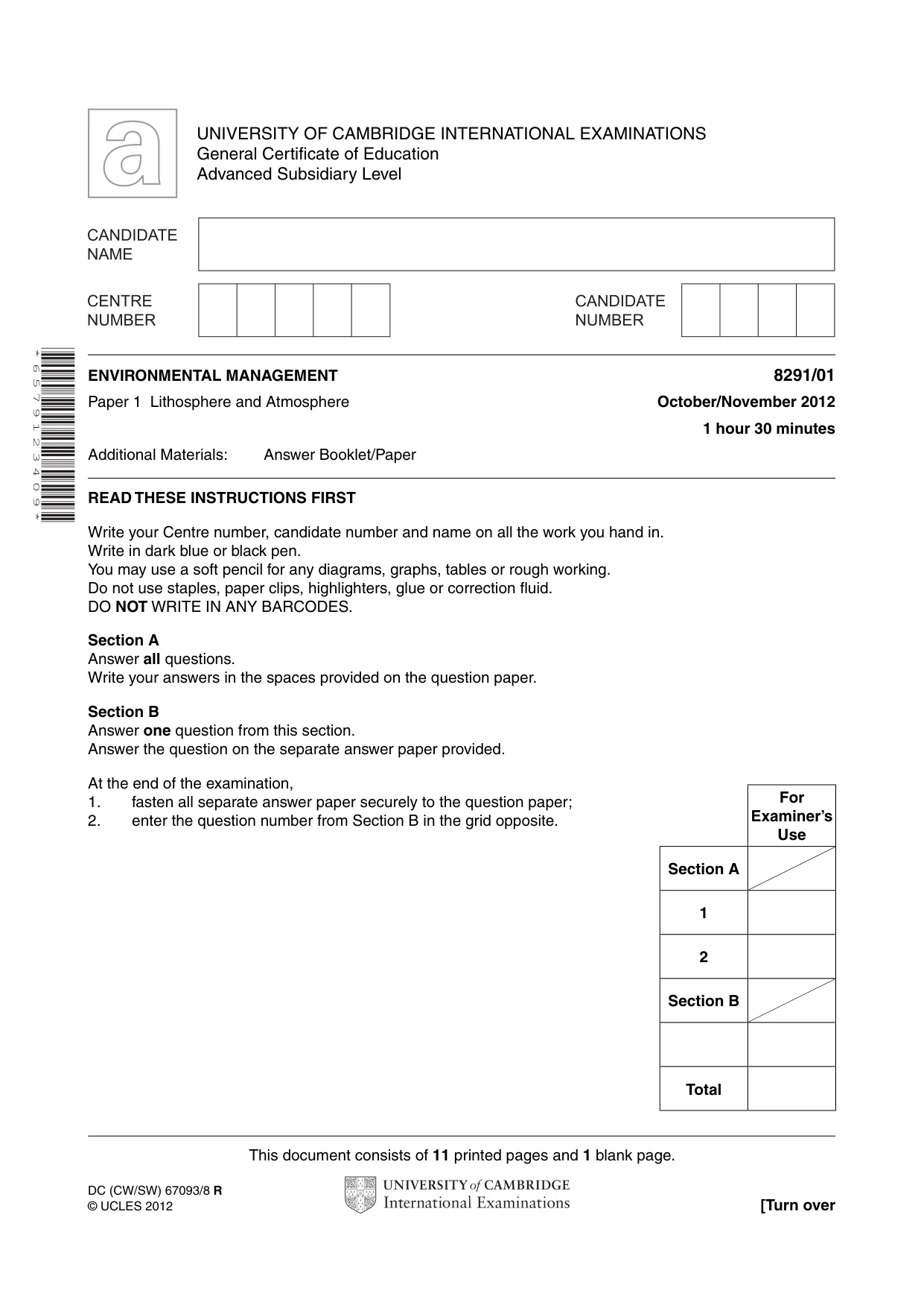 Cambridge A Level Environmental Management (AS only) 8291 2012 Oct/Nov Paper 1 · Variant 1 question paper, page 1 of 12